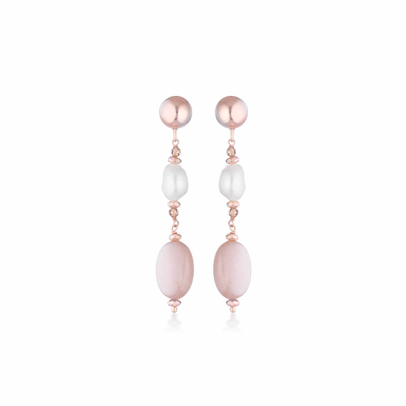 Orecchini con perle d'acqua dolce, moonstone ed argento rosa