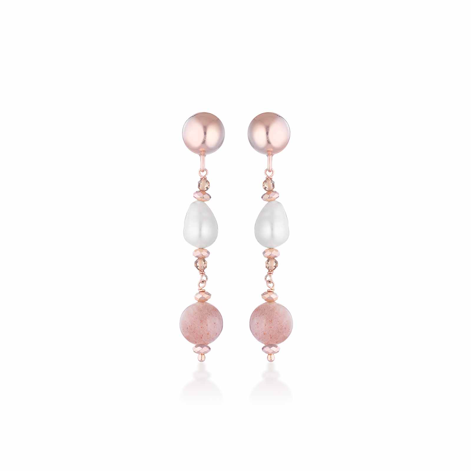 Orecchini con perle d'acqua dolce, moonstone ed argento rosa
