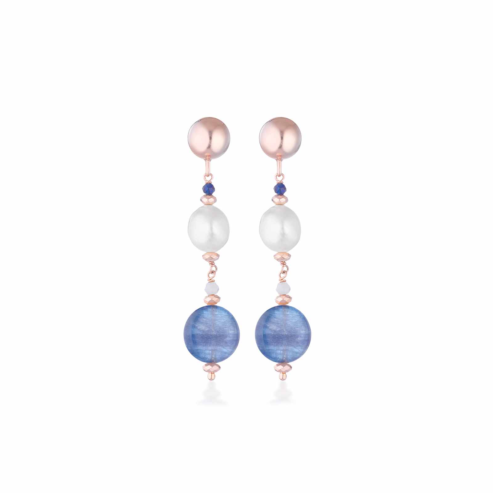 Orecchini con perle d'acqua dolce, cianite ed argento rosa