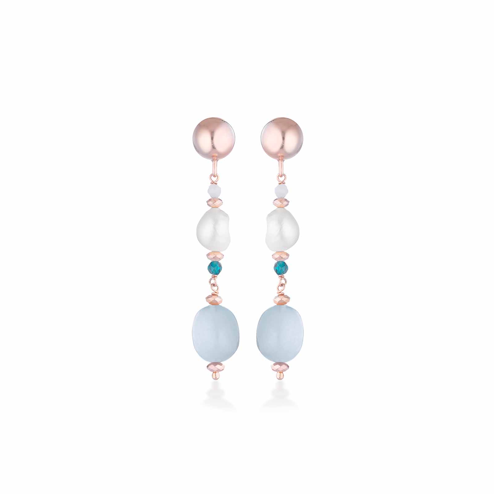 Orecchini con perle d'acqua dolce, acquamarina ed argento rosa