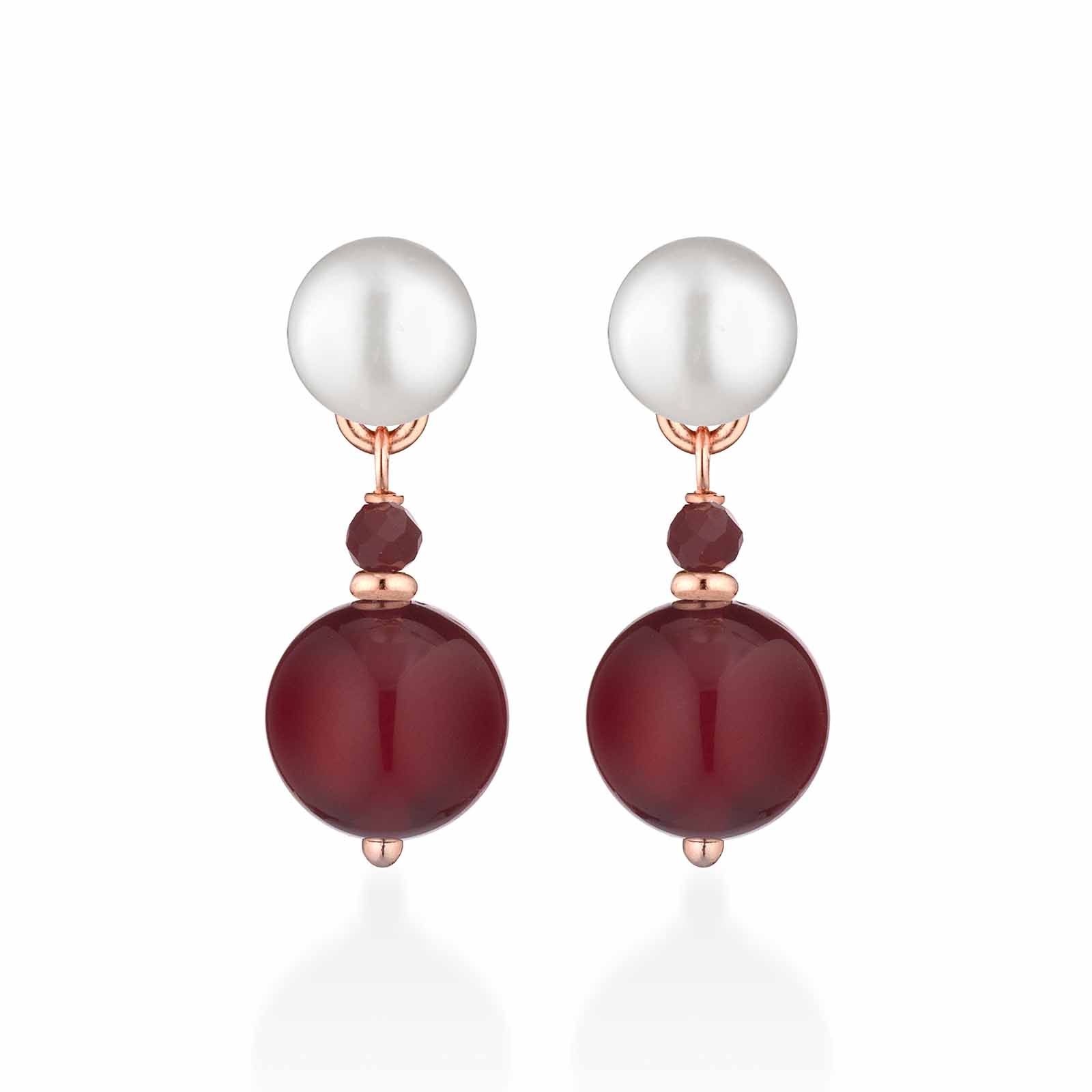 Orecchini con perle d'acqua dolce, AG925 rosa, spinello ciliegia e giada rossa