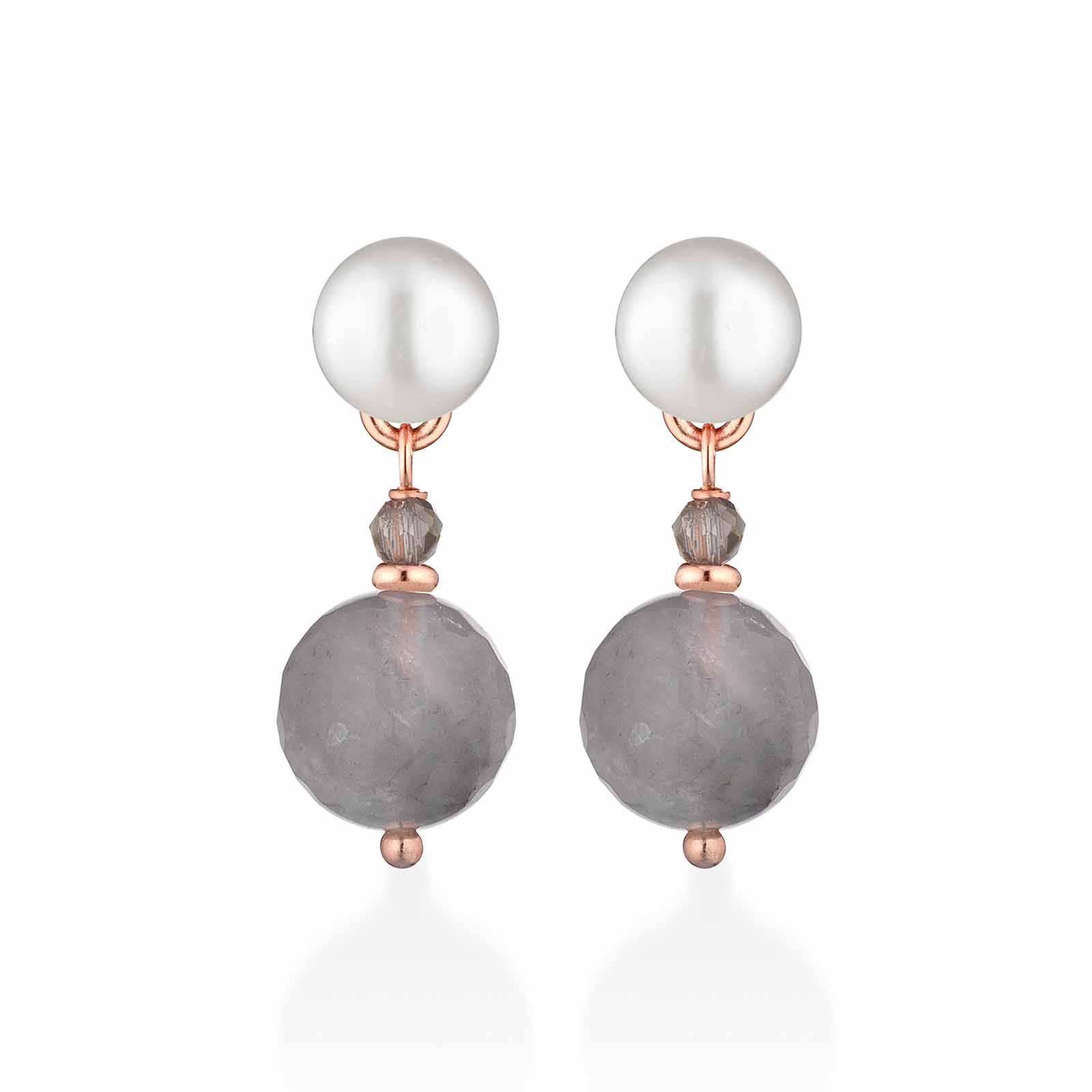 Orecchini con perle d'acqua dolce, AG925 rosa, spinello grigio e quarzo cloudy