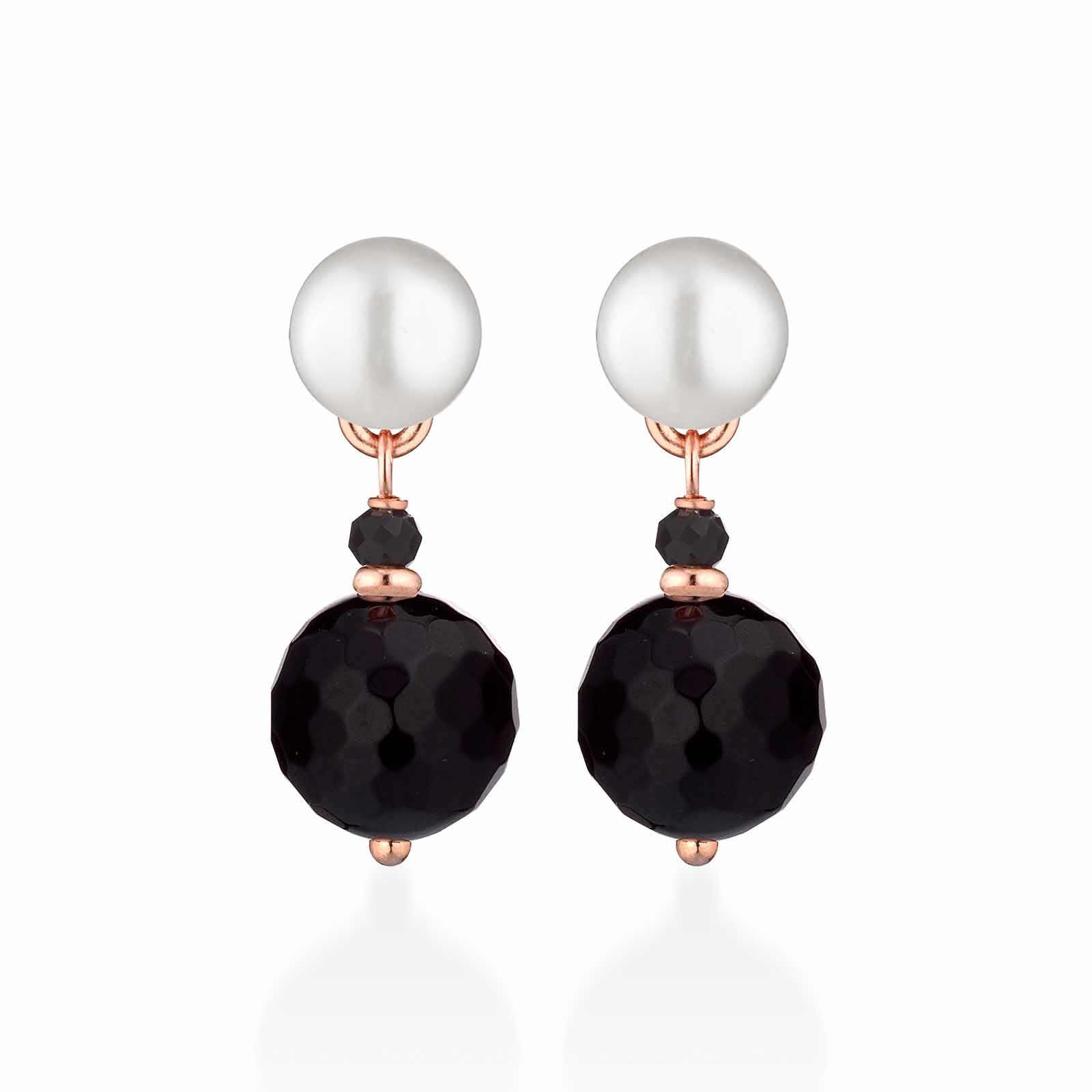 Orecchini con perle d'acqua dolce, AG925 rosa, spinello nero e agata nera