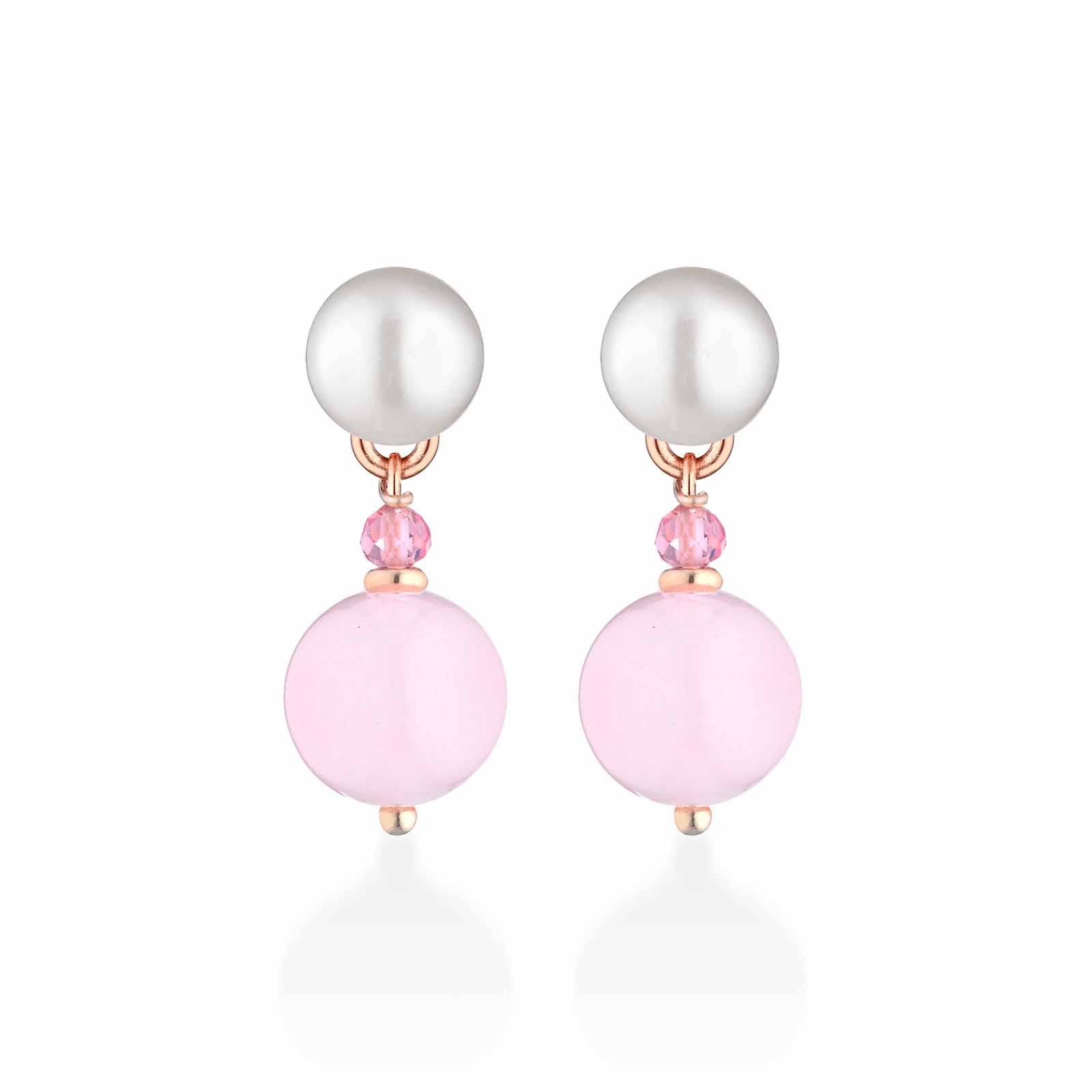 Orecchini con giada rosa, perle d'acqua dolce, spinello rosa e argento rosa