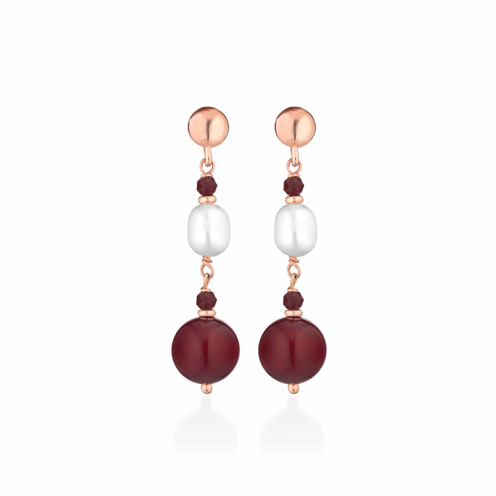 Orecchini con perle d'acqua dolce, AG925 rosa, spinello ciliegia e giada rossa