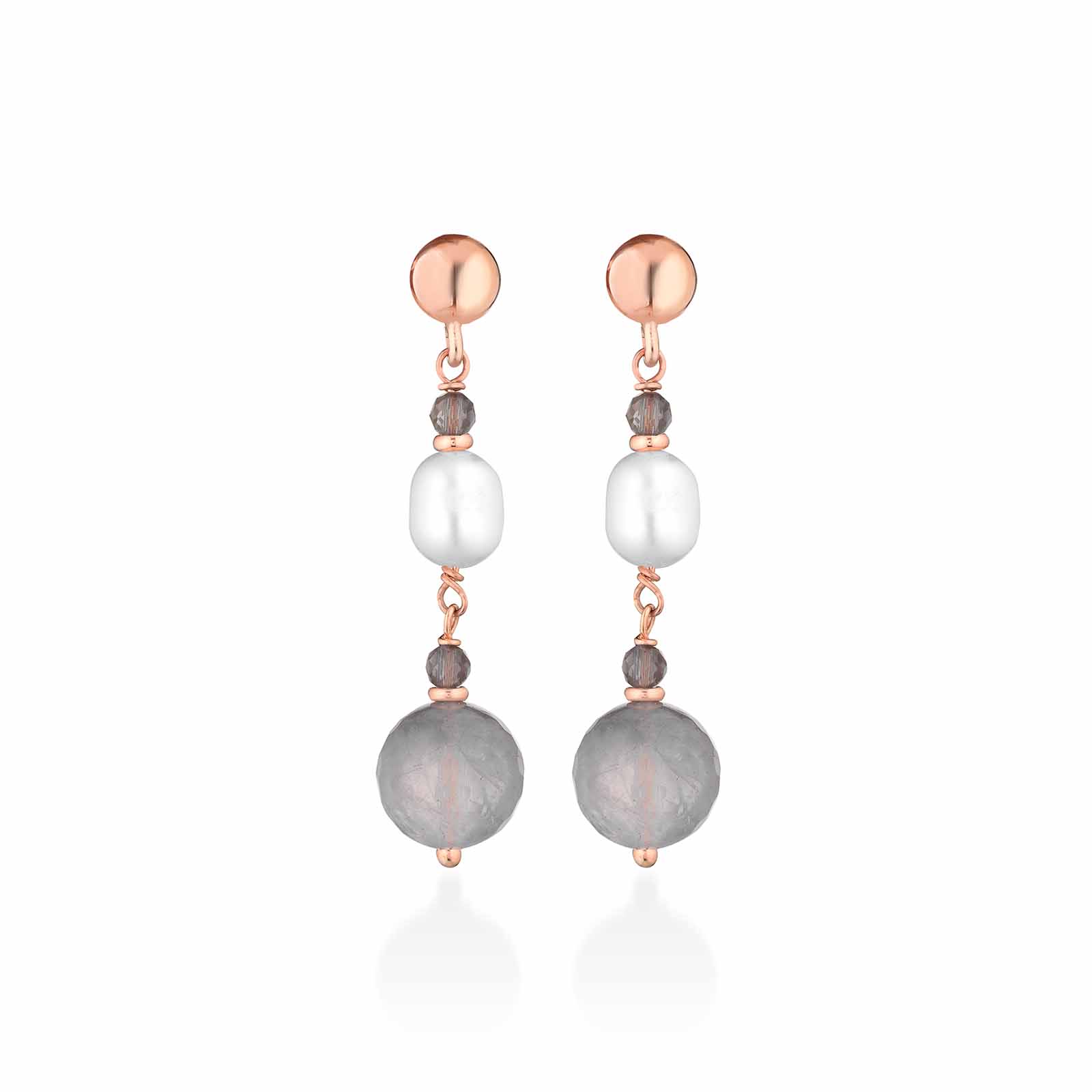 Orecchini con perle d'acqua dolce, AG925 rosa, spinello grigio e quarzo cloudy