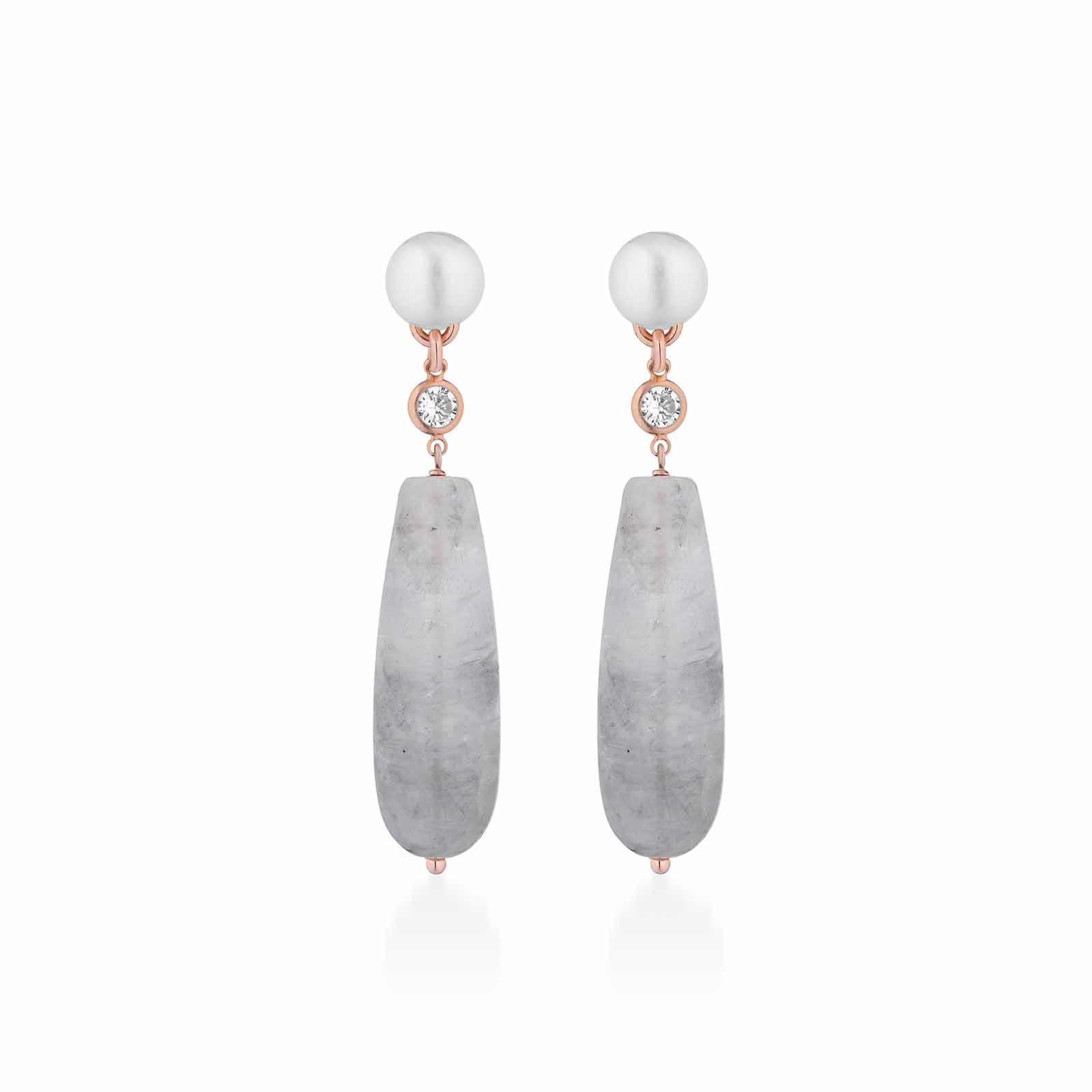 Orecchini con perle d'acqua dolce, AG925 rosa, zirconi bianchi e quarzo cloudy