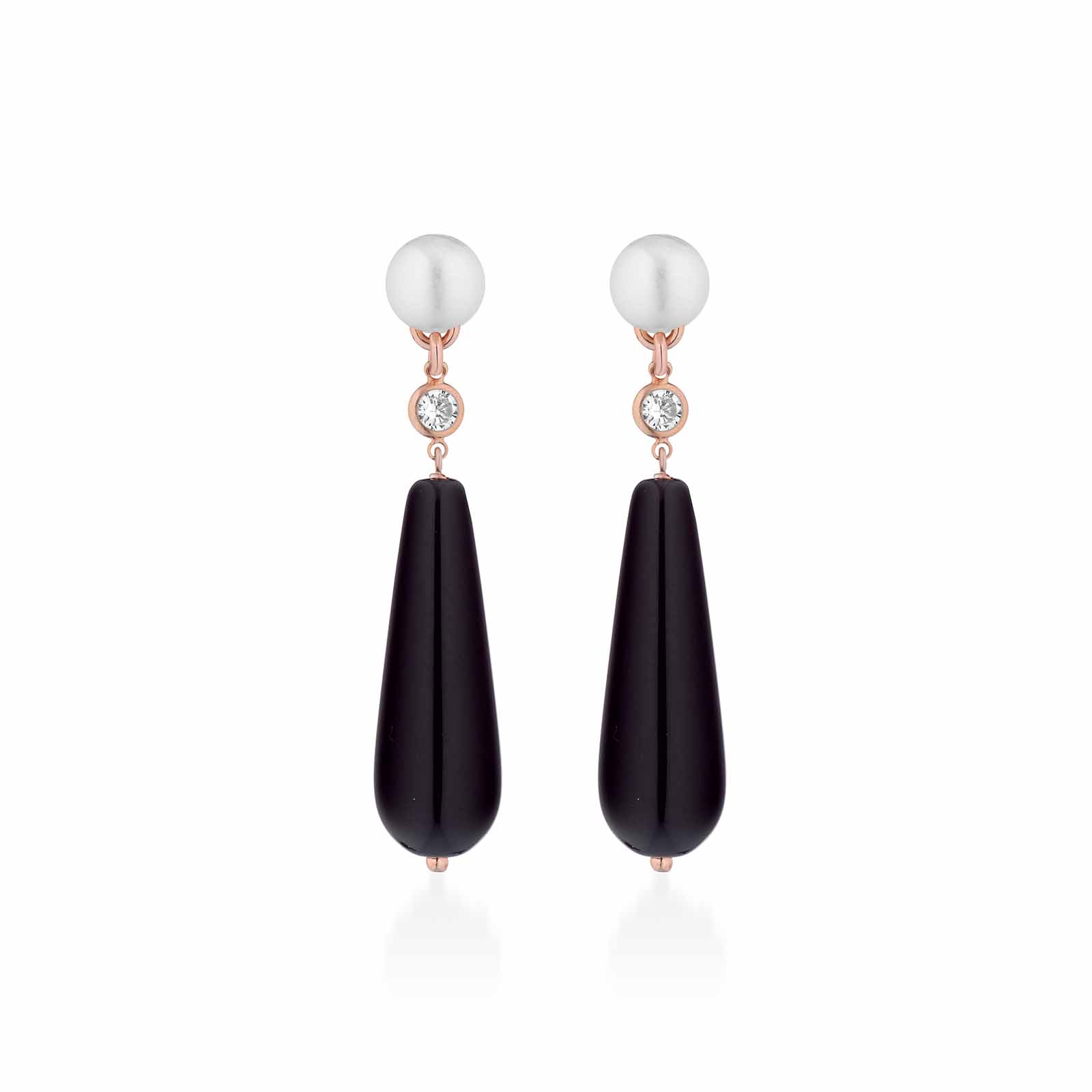 Orecchini con perle d'acqua dolce, AG925 rosa, zirconi neri e agata nera