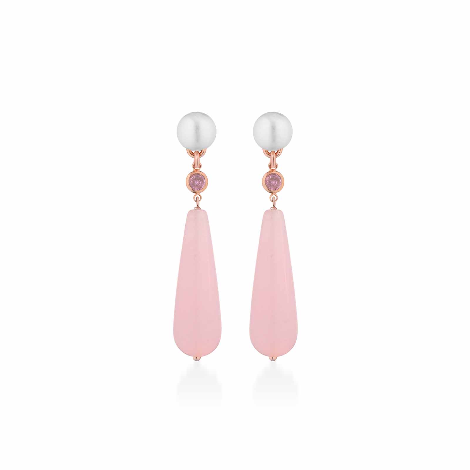 Orecchini con giada rosa, perle d'acqua dolce, zircone rosa e argento rosa