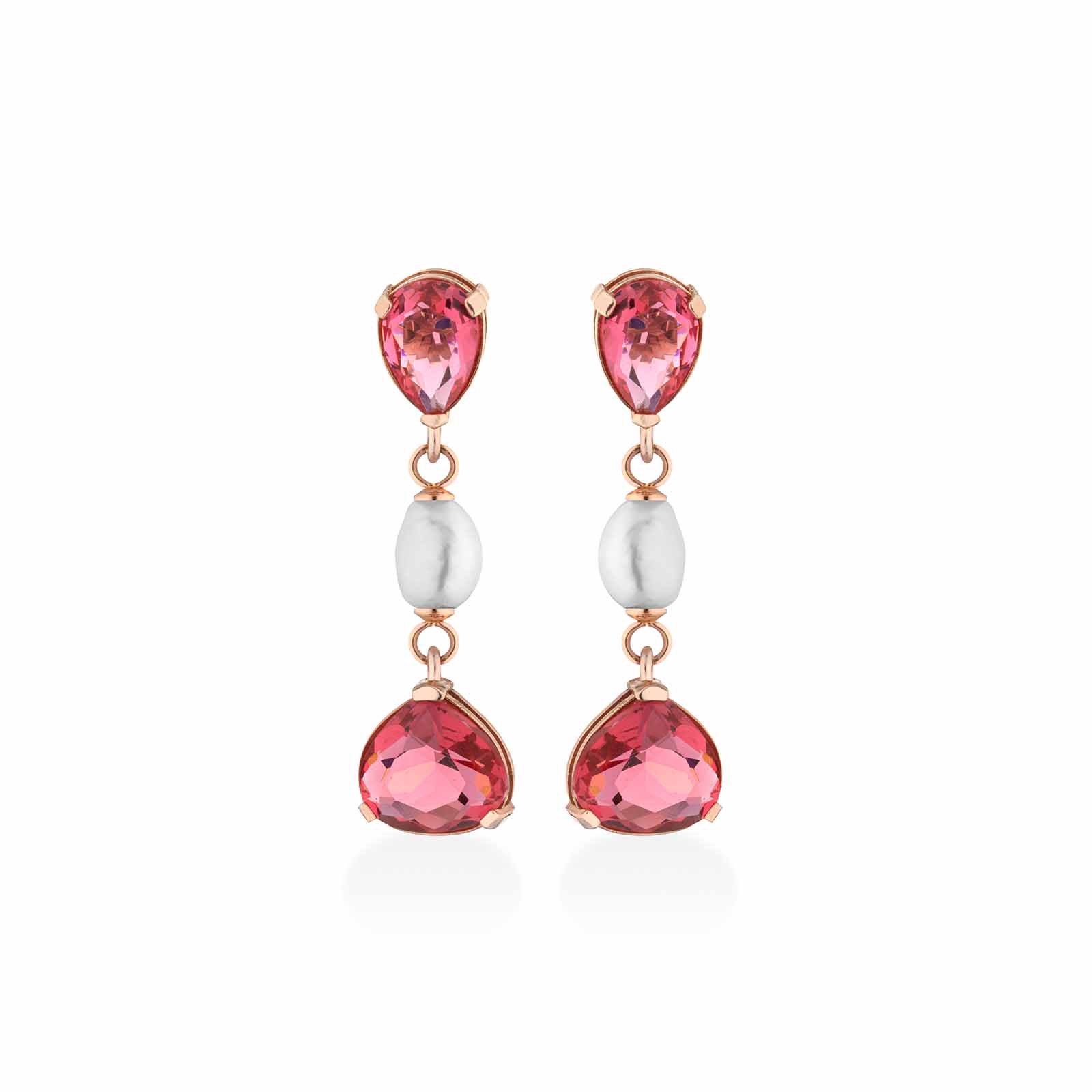 Orecchini in argento rosa con perle d'acqua dolce e cristalli fuxia