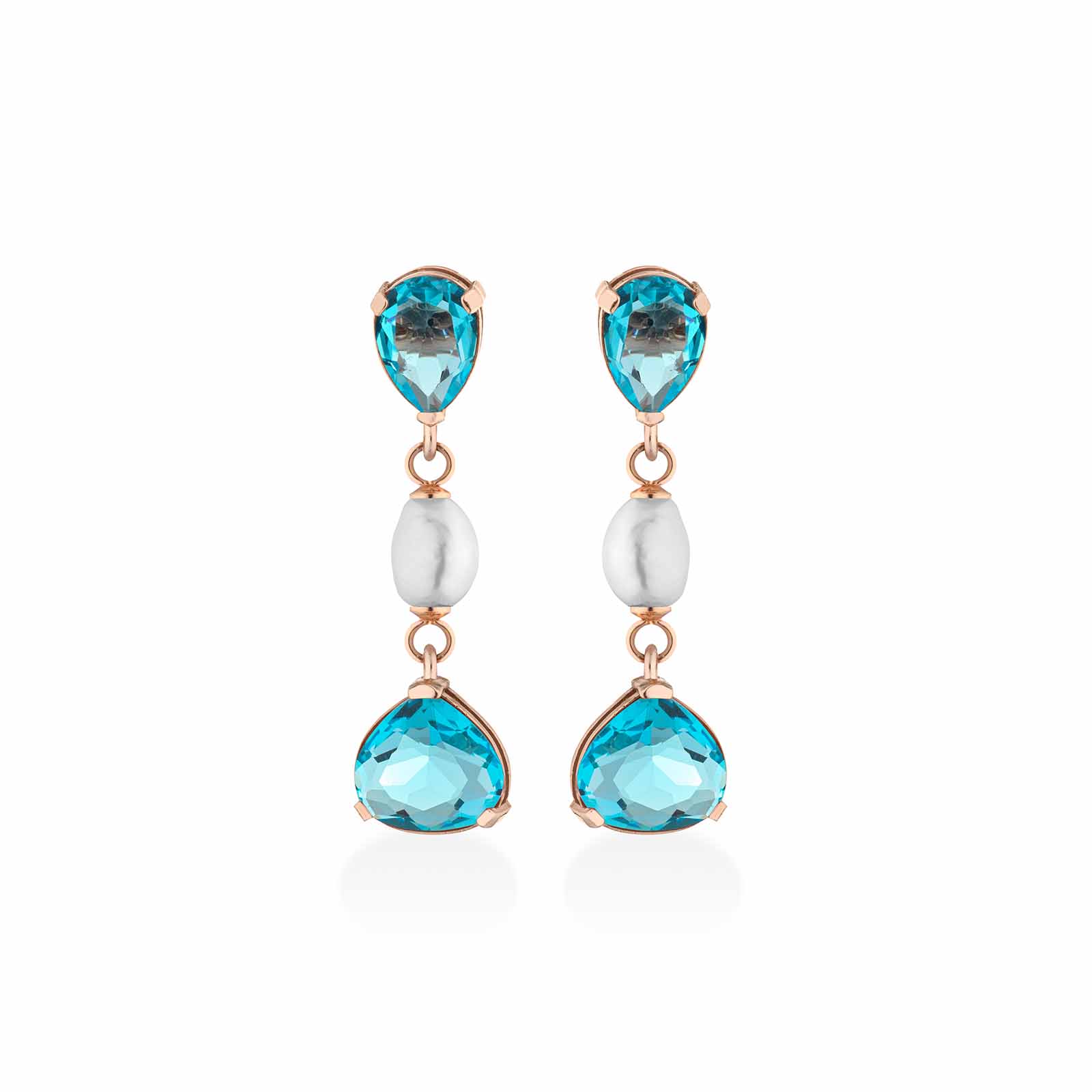 Orecchini in argento rosa con perle d'acqua dolce e cristalli turchese