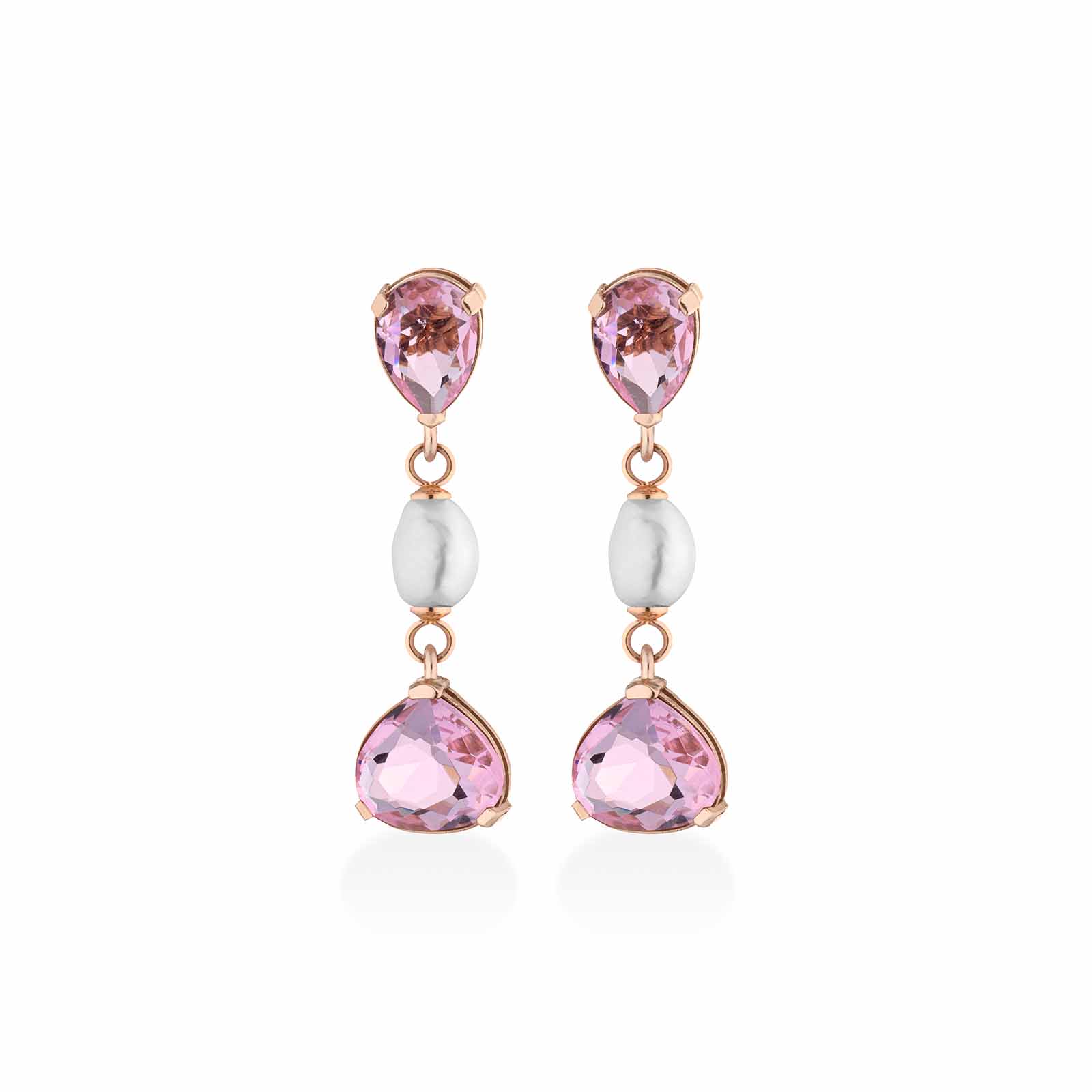 Orecchini in argento rosa con perle d'acqua dolce e cristalli rosa