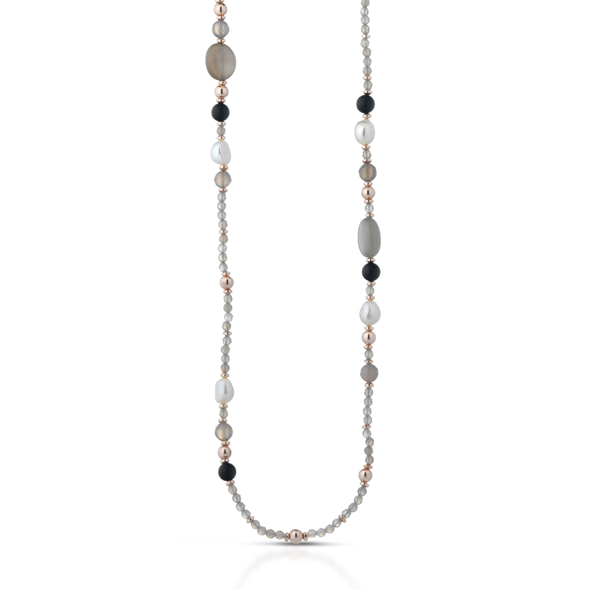 Collana con perle d'acqua dolce, ema, quarzo fumè, agata, onice ed argento rosa