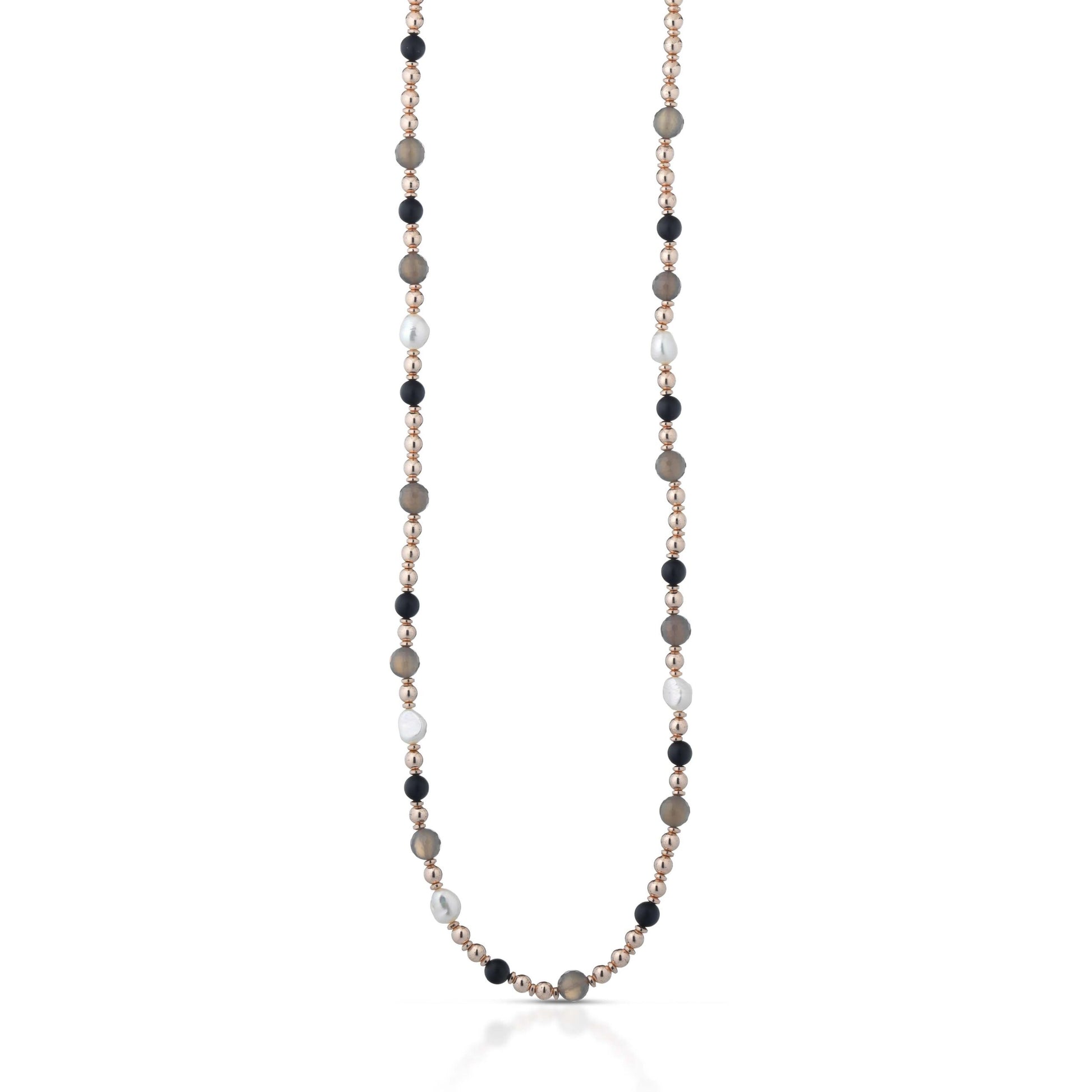 Collana con perle d'acqua dolce, ema, quarzo fumè, onice ed argento rosa