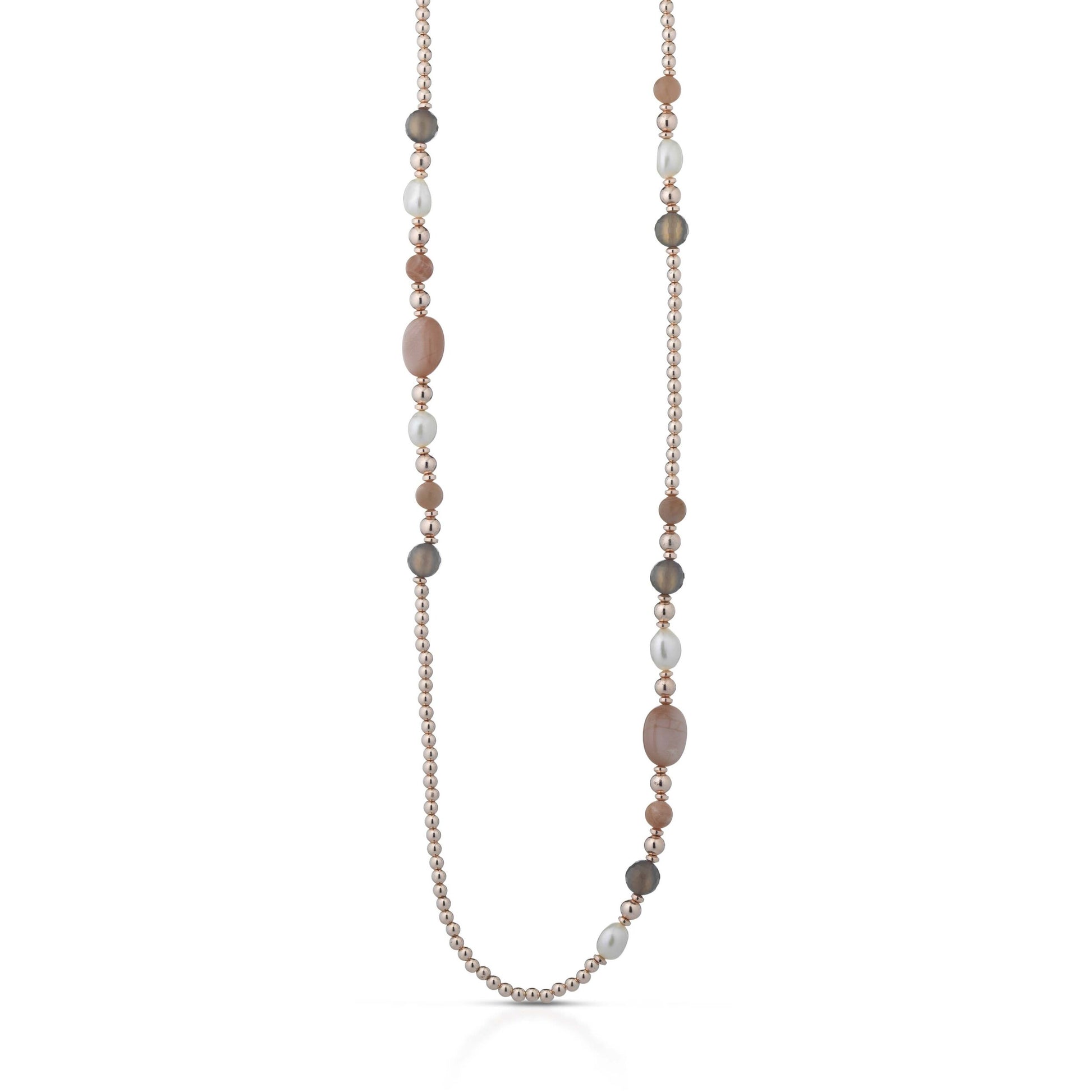 Collana con perle d'acqua dolce, ema, quarzo fumè, agata, onice ed argento rosa