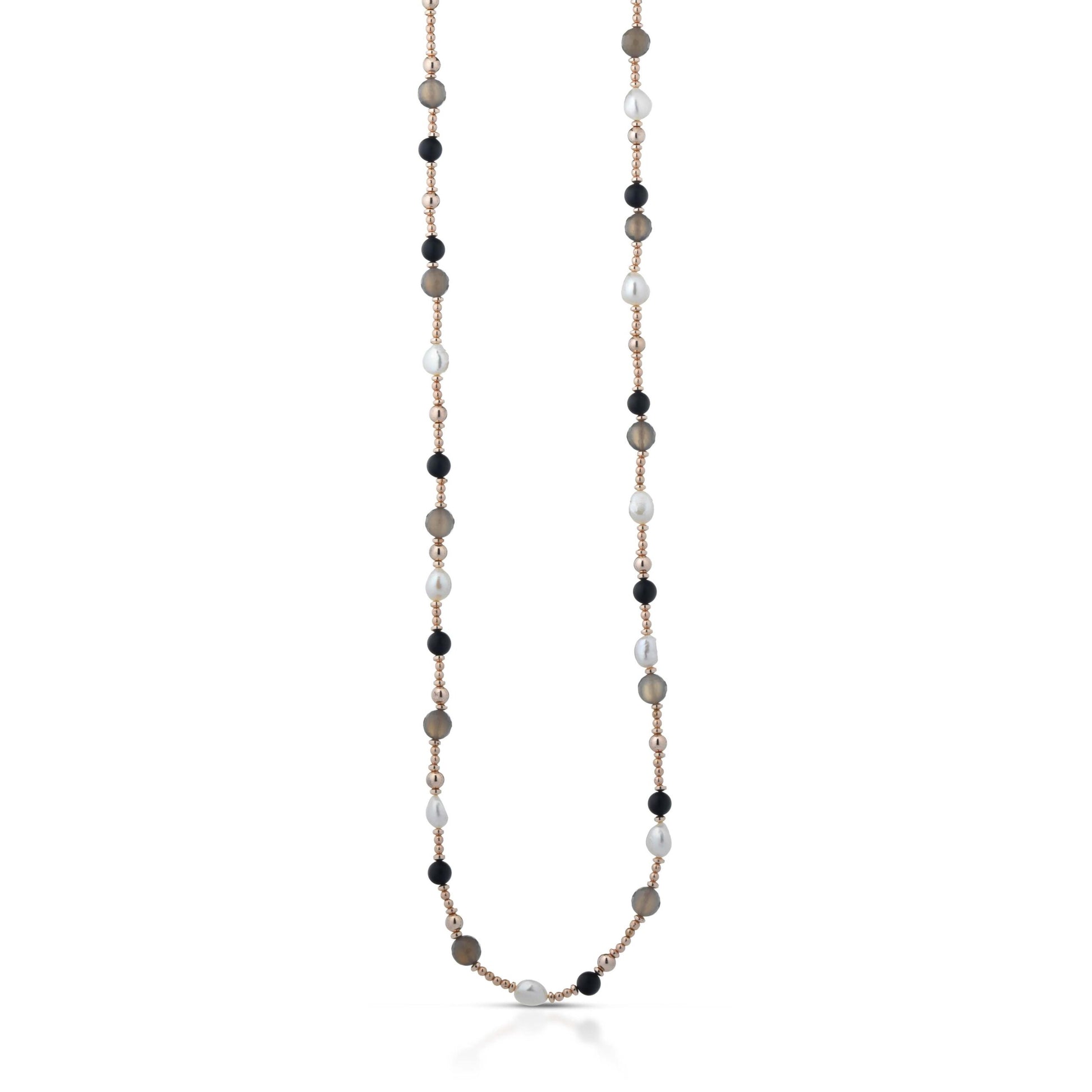 Collana con perle d'acqua dolce, ema, quarzo fumè, onice ed argento rosa