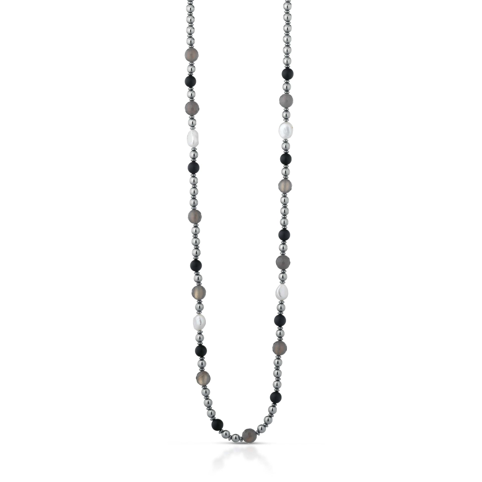 Collana con perle d'acqua dolce, ema, quarzo fumè, onice ed argento rosa