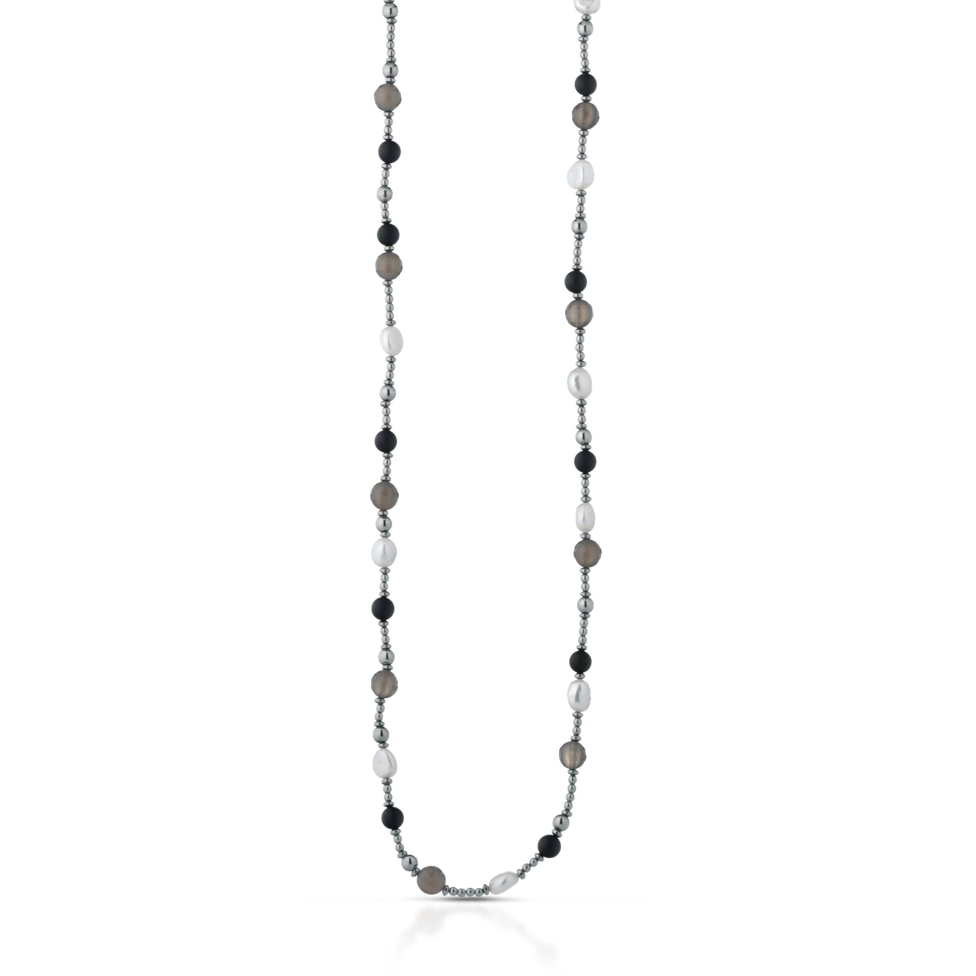 Collana con perle d'acqua dolce, ema, quarzo fumè, onice ed argento rosa