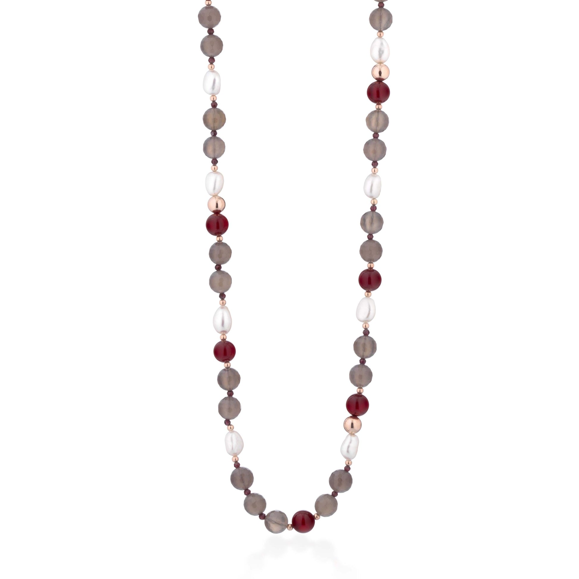 Collana con perle d'acqua dolce, agata grigia e rossa ed argento rosa