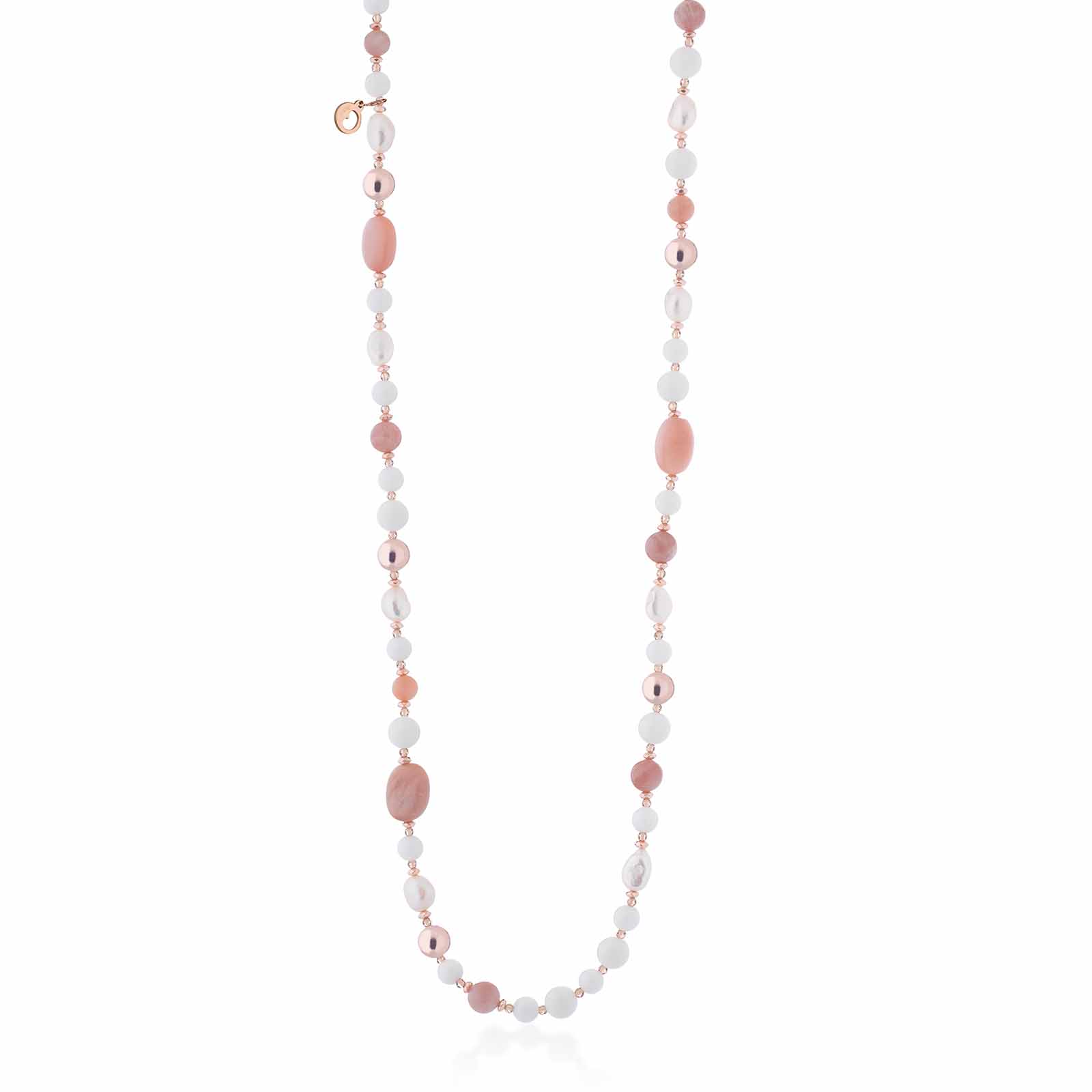 Collana con perle d'acqua dolce, agata bianca, moonstone ed argento rosa