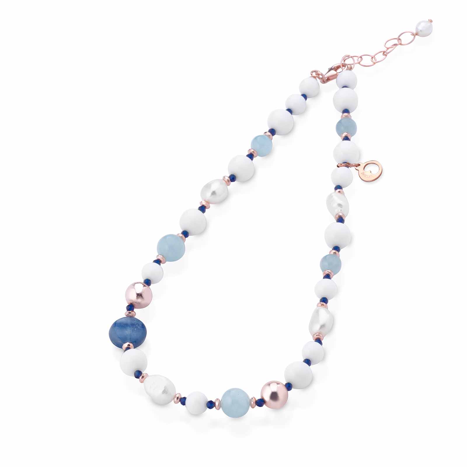 Collana con perle d'acqua dolce, agata bianca, cianite, acquamarina ed argento rosa