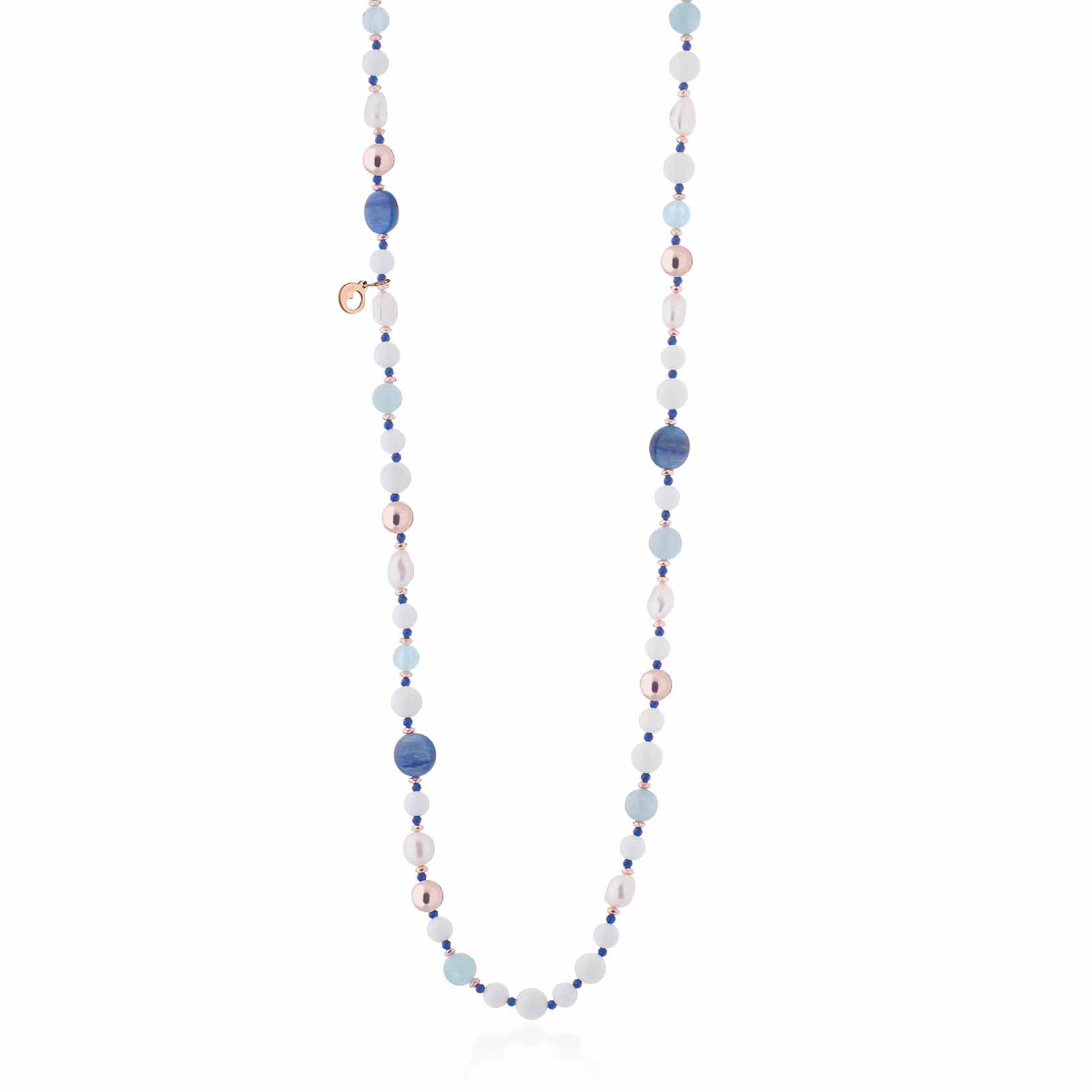 Collana con perle d'acqua dolce, agata bianca, cianite, acqua marina ed argento rosa