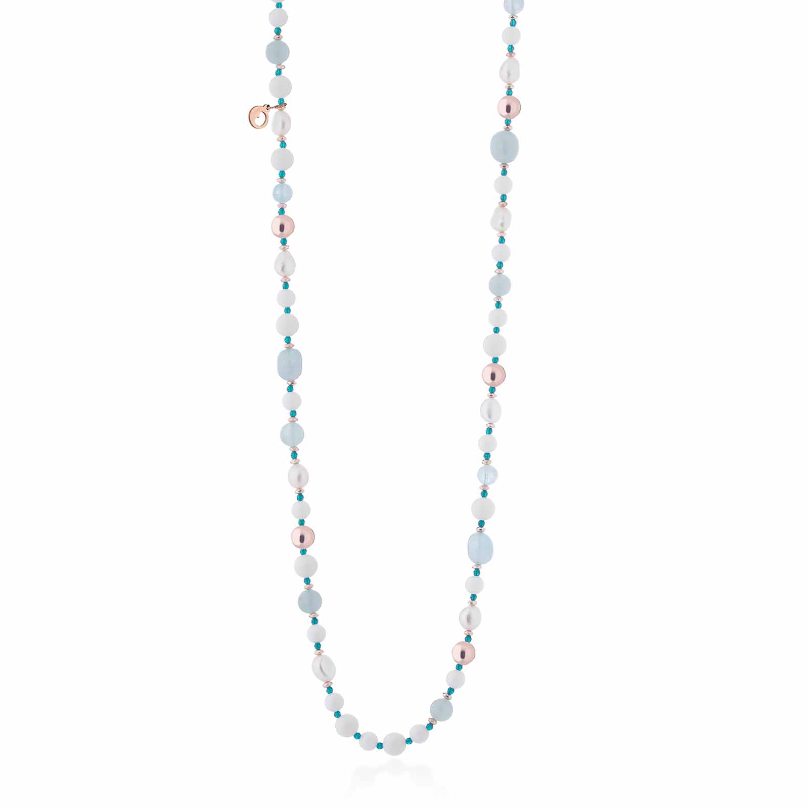 Collana con perle d'acqua dolce, agata bianca, acquamarina ed argento rosa
