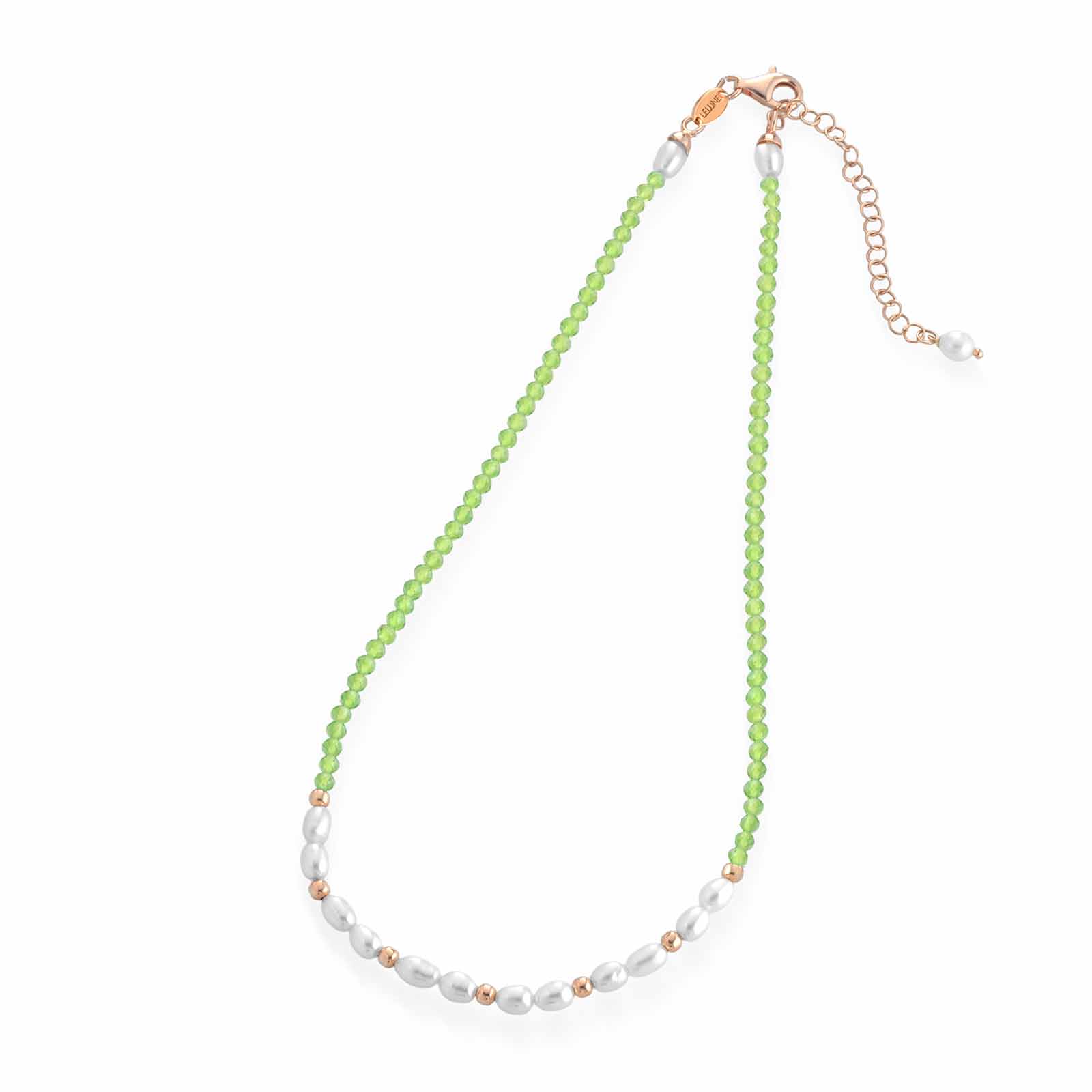Collana con peridoto, argento rosa e perle d'acqua dolce
