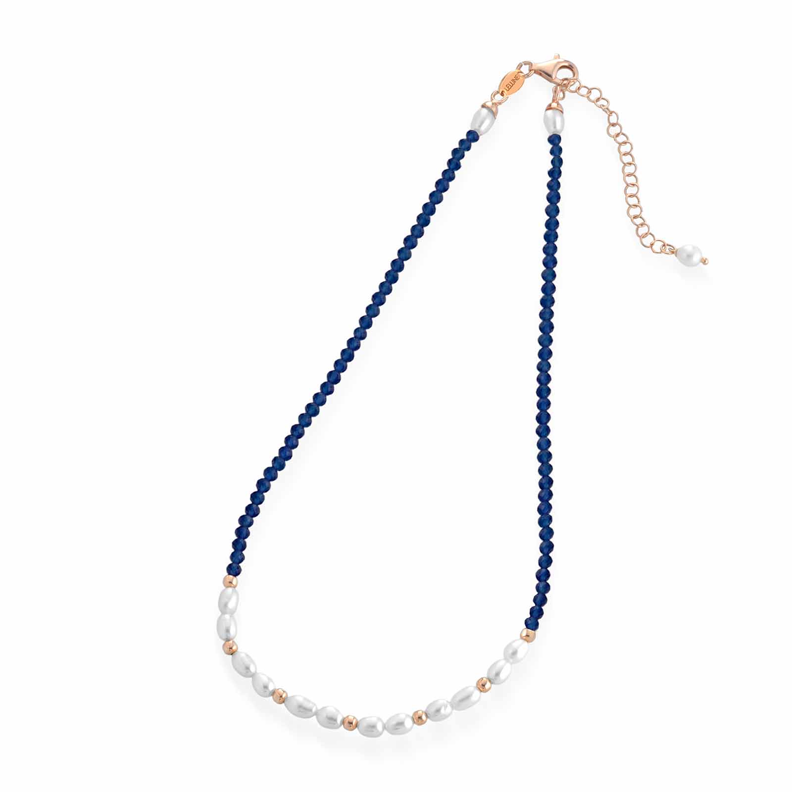 Collana con spinello blu, argento rosa e perle d'acqua dolce