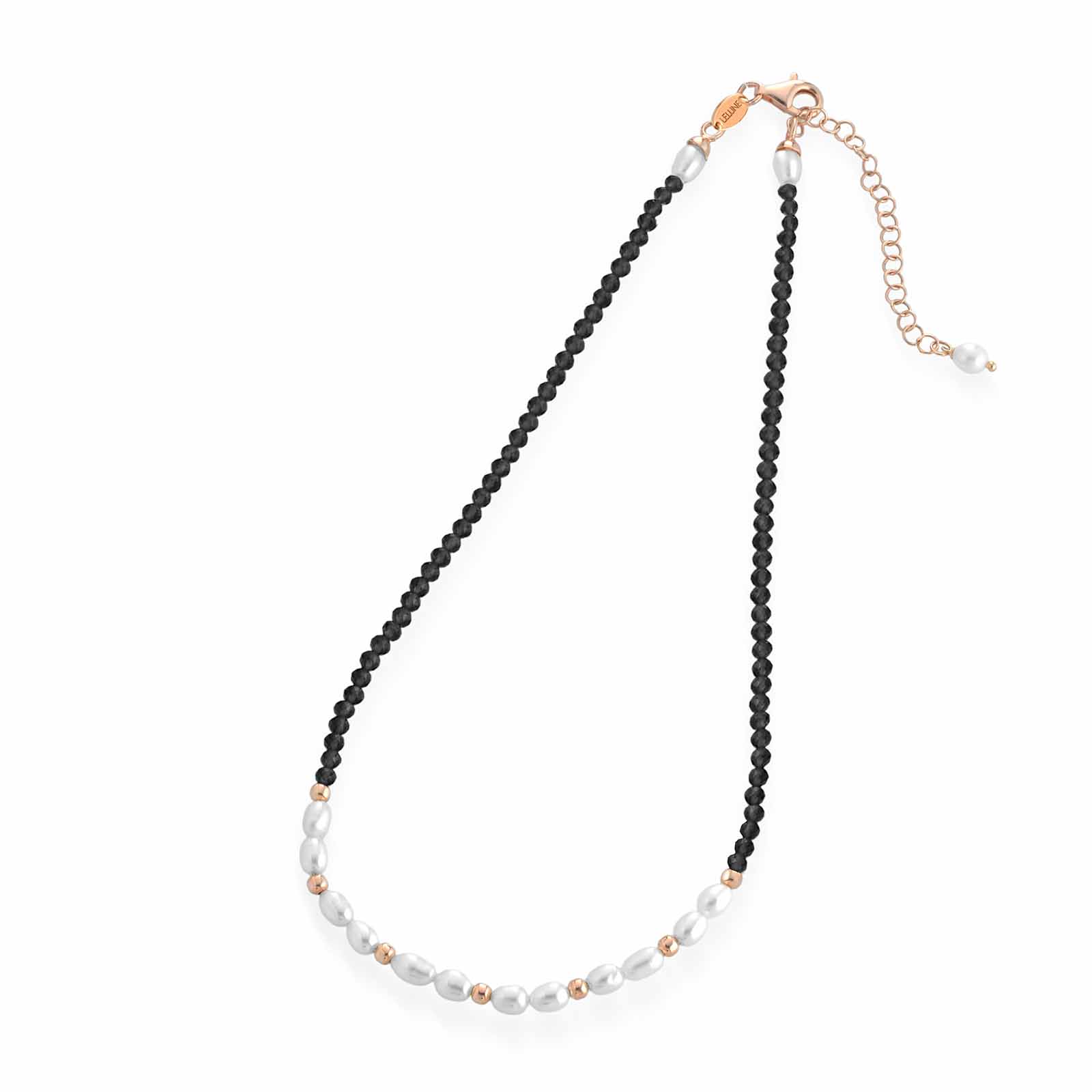 Collana con spinello nero, argento rosa e perle d'acqua dolce