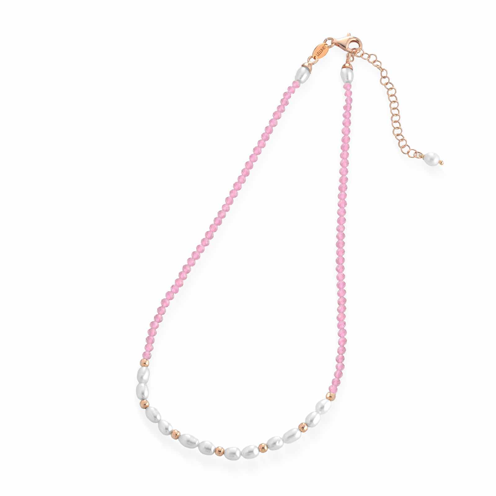 Collana con spinello rosa, argento rosa e perle d'acqua dolce