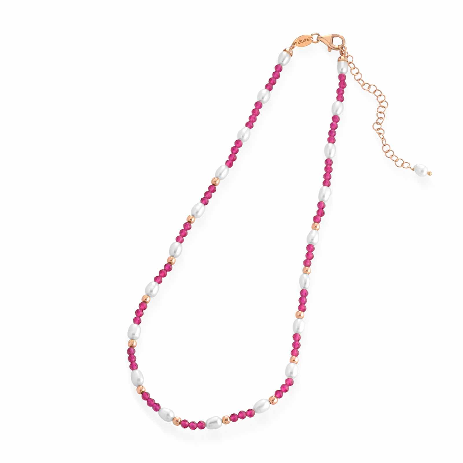 Collana con spinello fuxia, argento rosa e perle d'acqua dolce