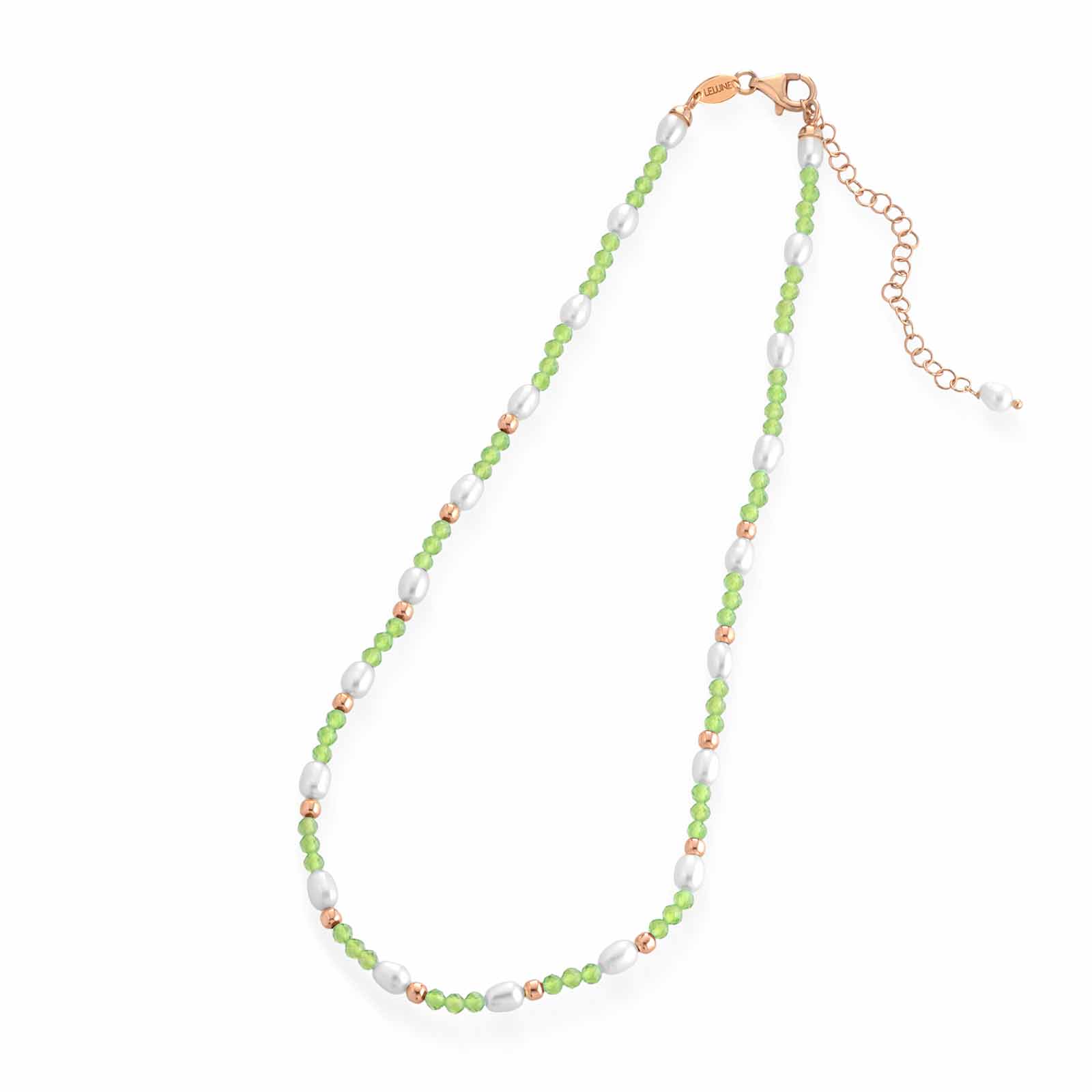 Collana con peridoto, argento rosa e perle d'acqua dolce