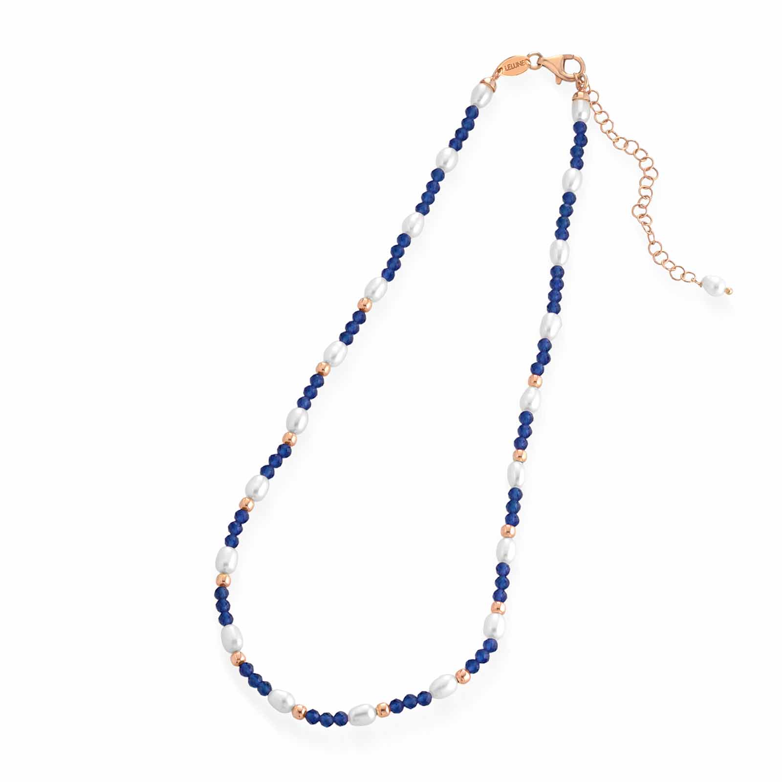 Collana con spinello blu, argento rosa e perle d'acqua dolce