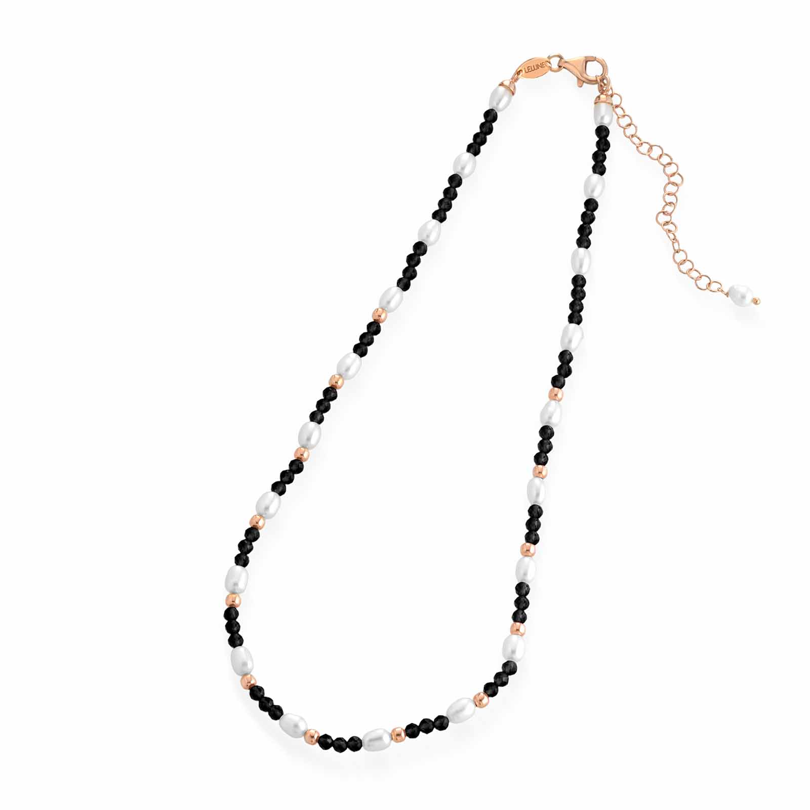 Collana con spinello nero, argento rosa e perle d'acqua dolce