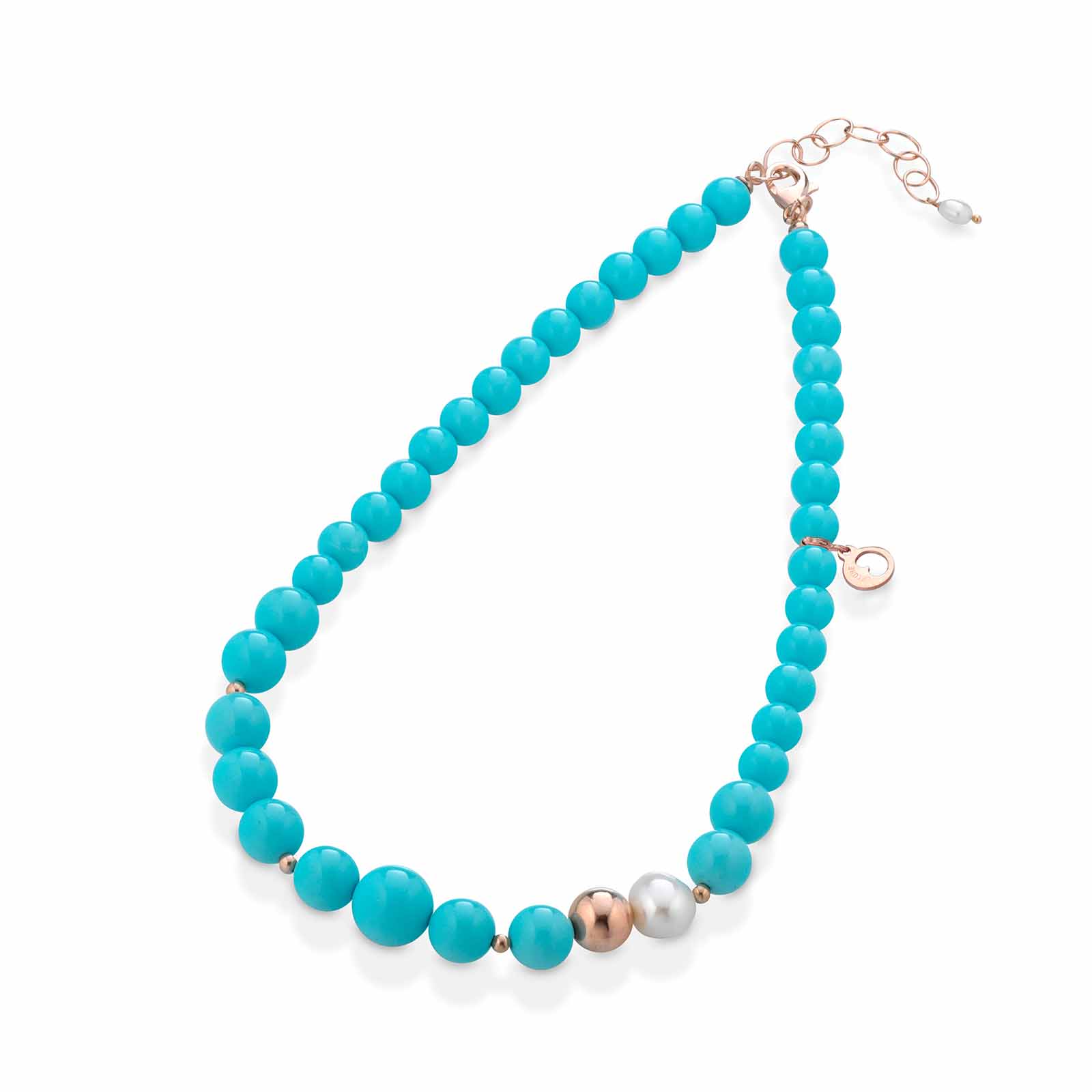 Collana in pasta di turchese con argento rosa e perle d'acqua dolce