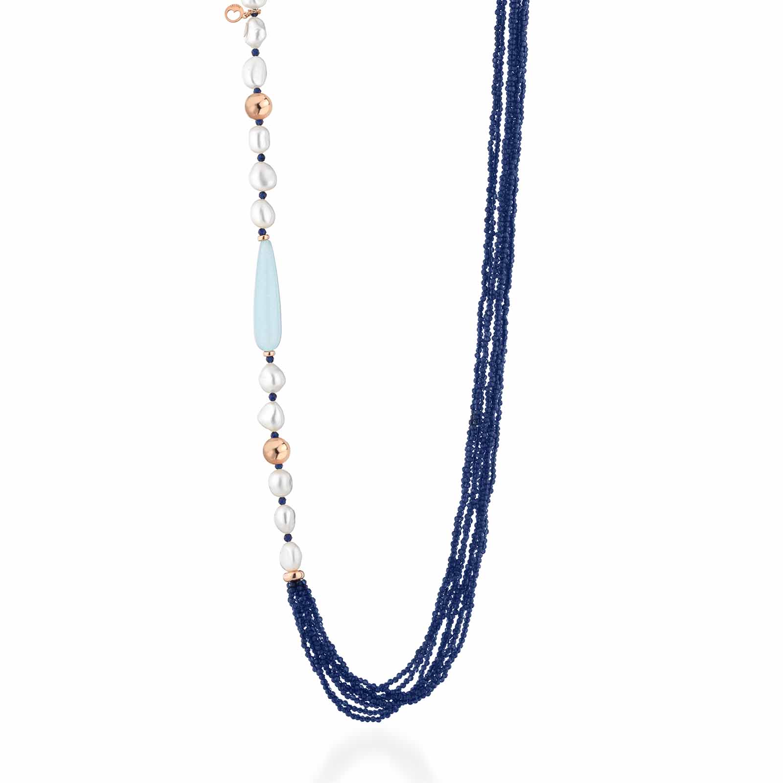 Collana con perle d'acqua dolce, argento rosa, spinello blu e giada azzurra