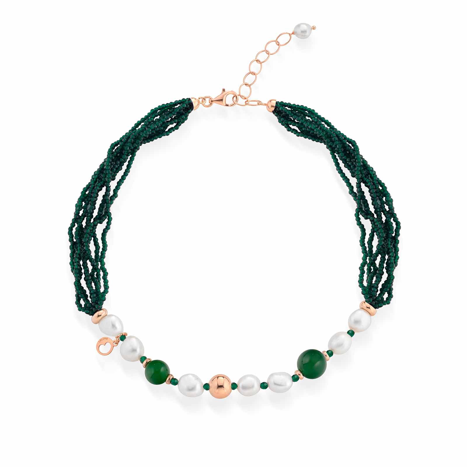 Collana con perle d'acqua dolce, argento rosa, spinello verde e giada verde