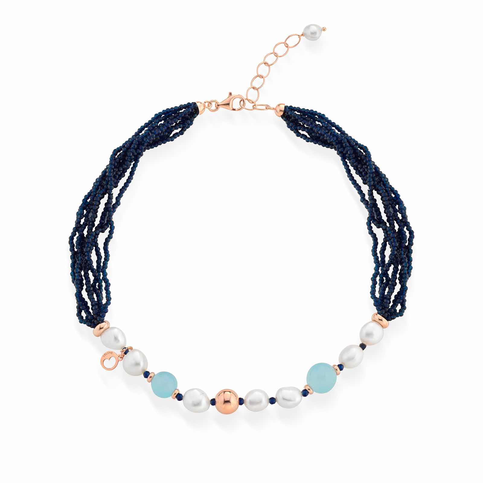 Collana con perle d'acqua dolce, argento rosa, spinello blu e giada azzurra