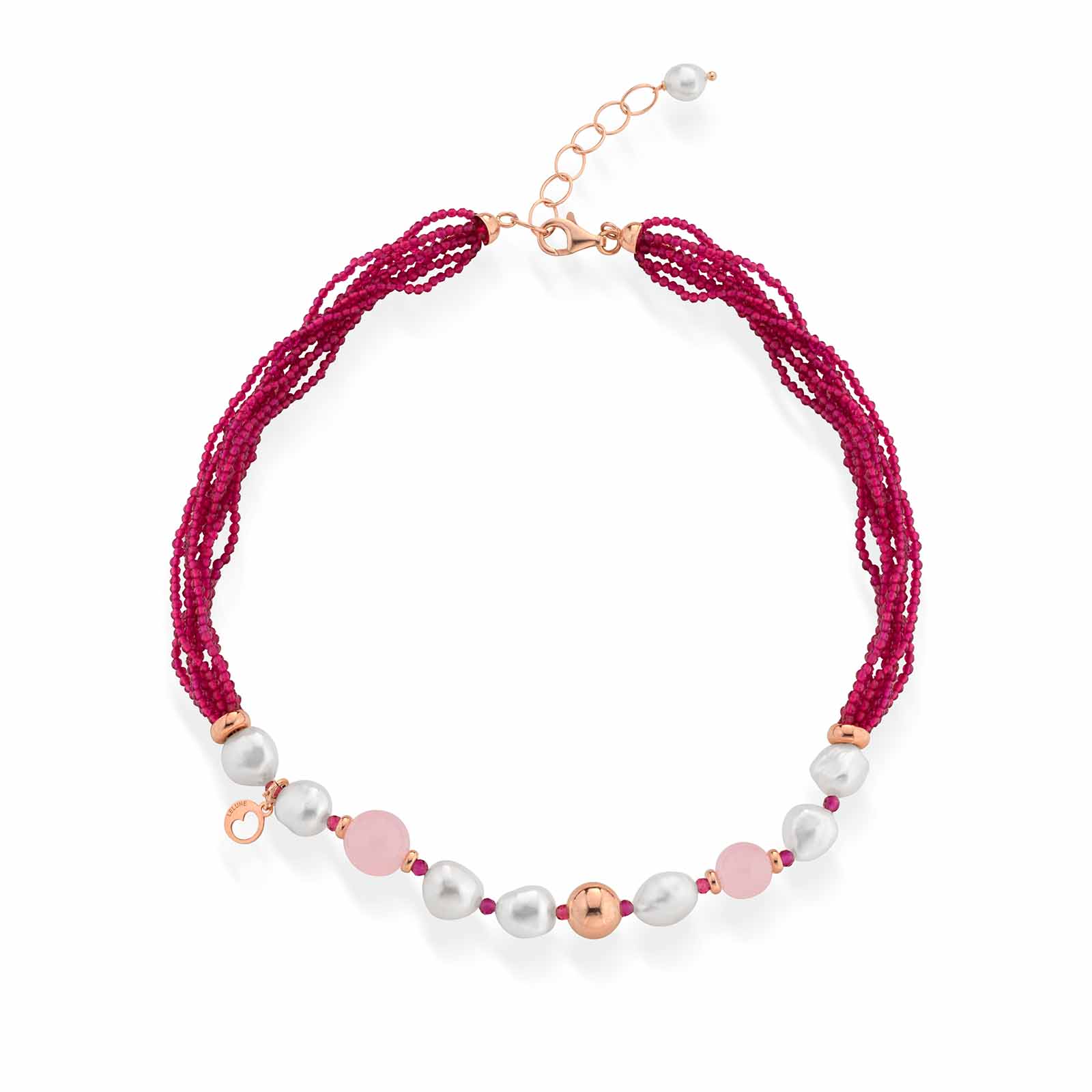 Collana con perle d'acqua dolce, argento rosa, spinello fuxia e giada rosa