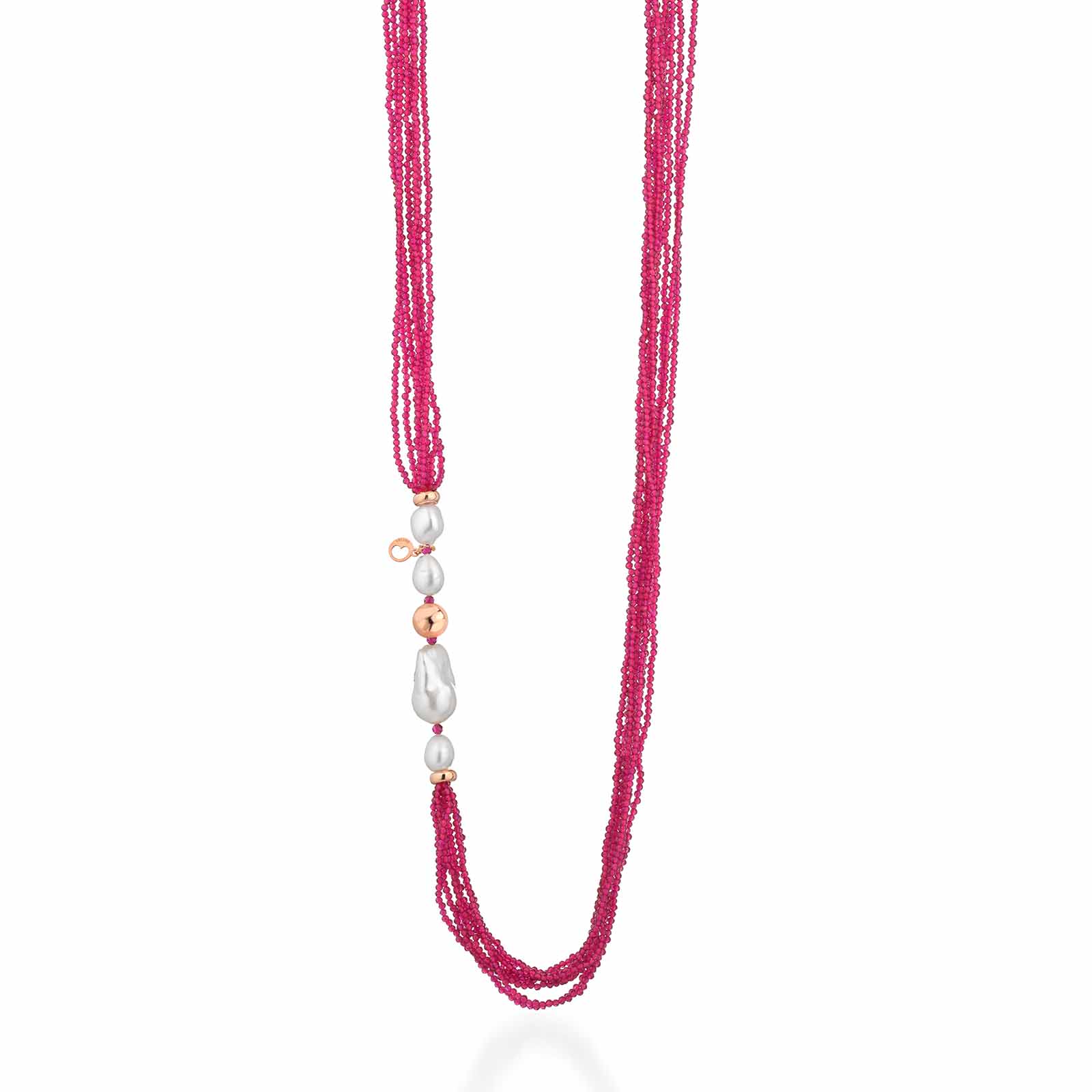 Collana con perle d'acqua dolce, argento rosa e spinello fuxia