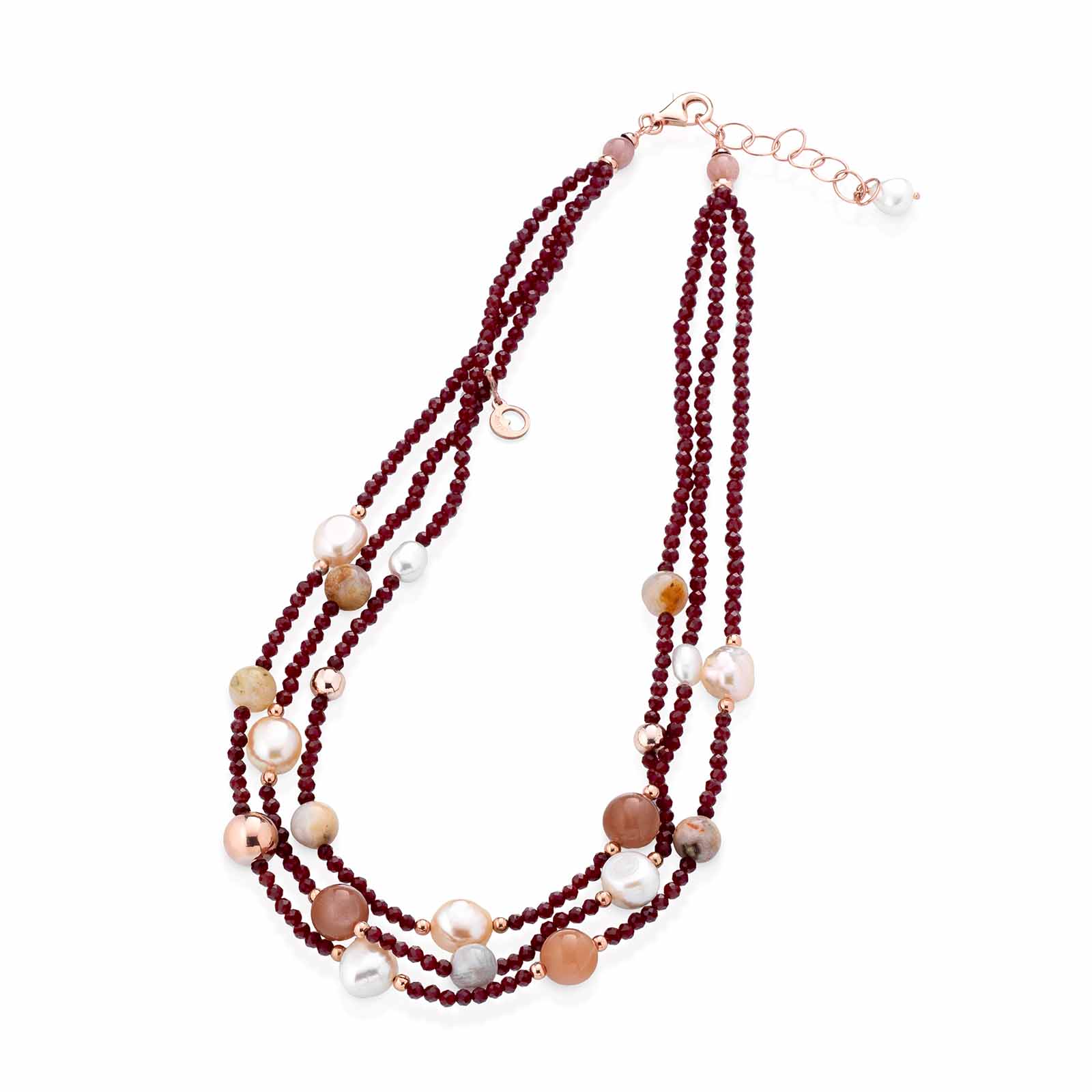 Collana con perle d'acqua dolce, AG925 rosa, spinello ciliegia, moonstone e agata Botswana