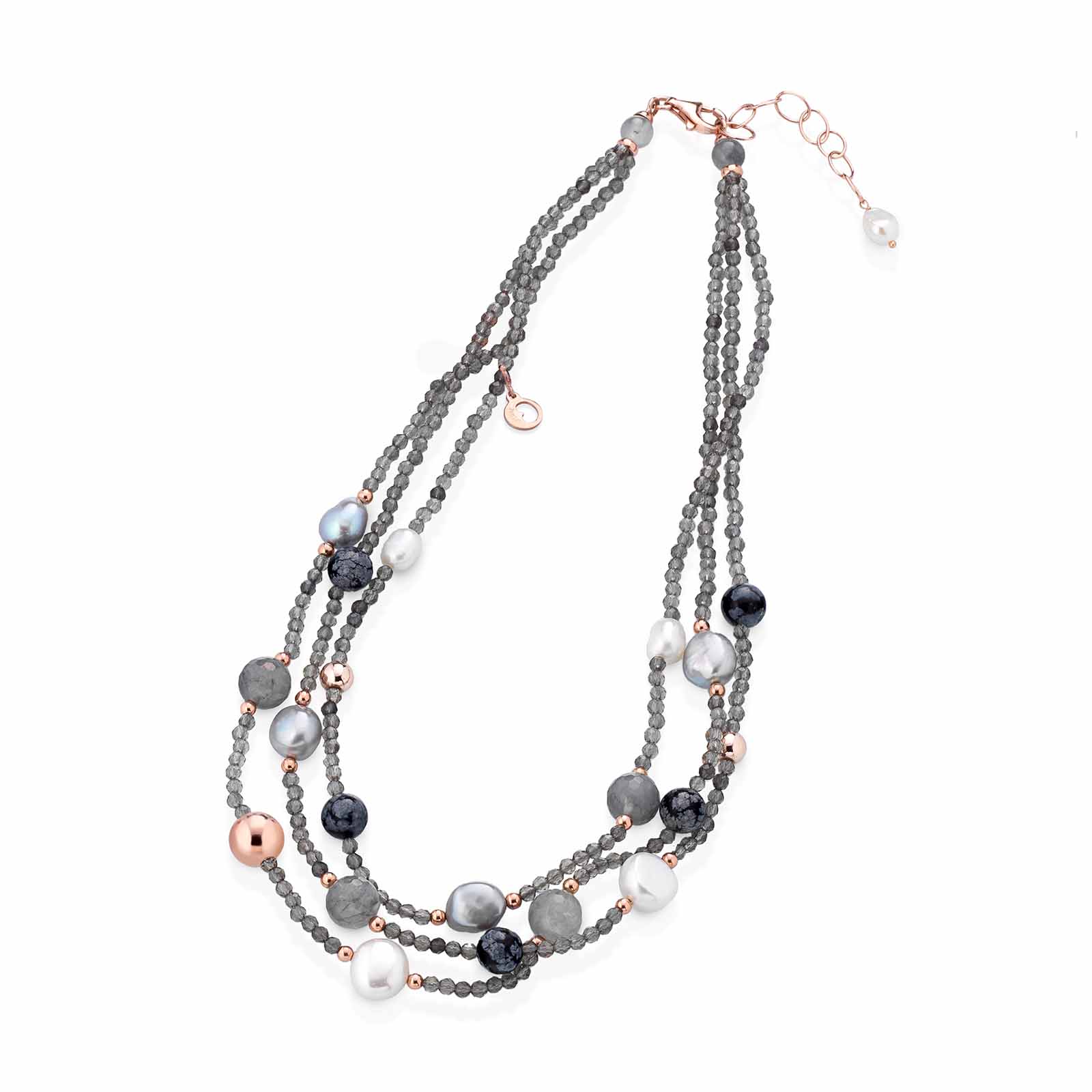 Collana con perle d'acqua dolce, AG925 rosa, spinello grigio, quarzo cloudy e ossidiana
