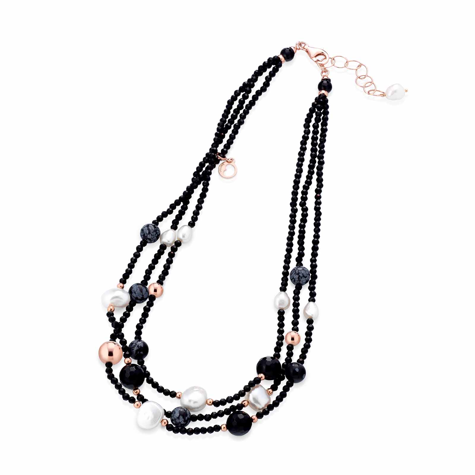 Collana con perle d'acqua dolce, AG925 rosa, spinello nero, agata nera e ossidiana