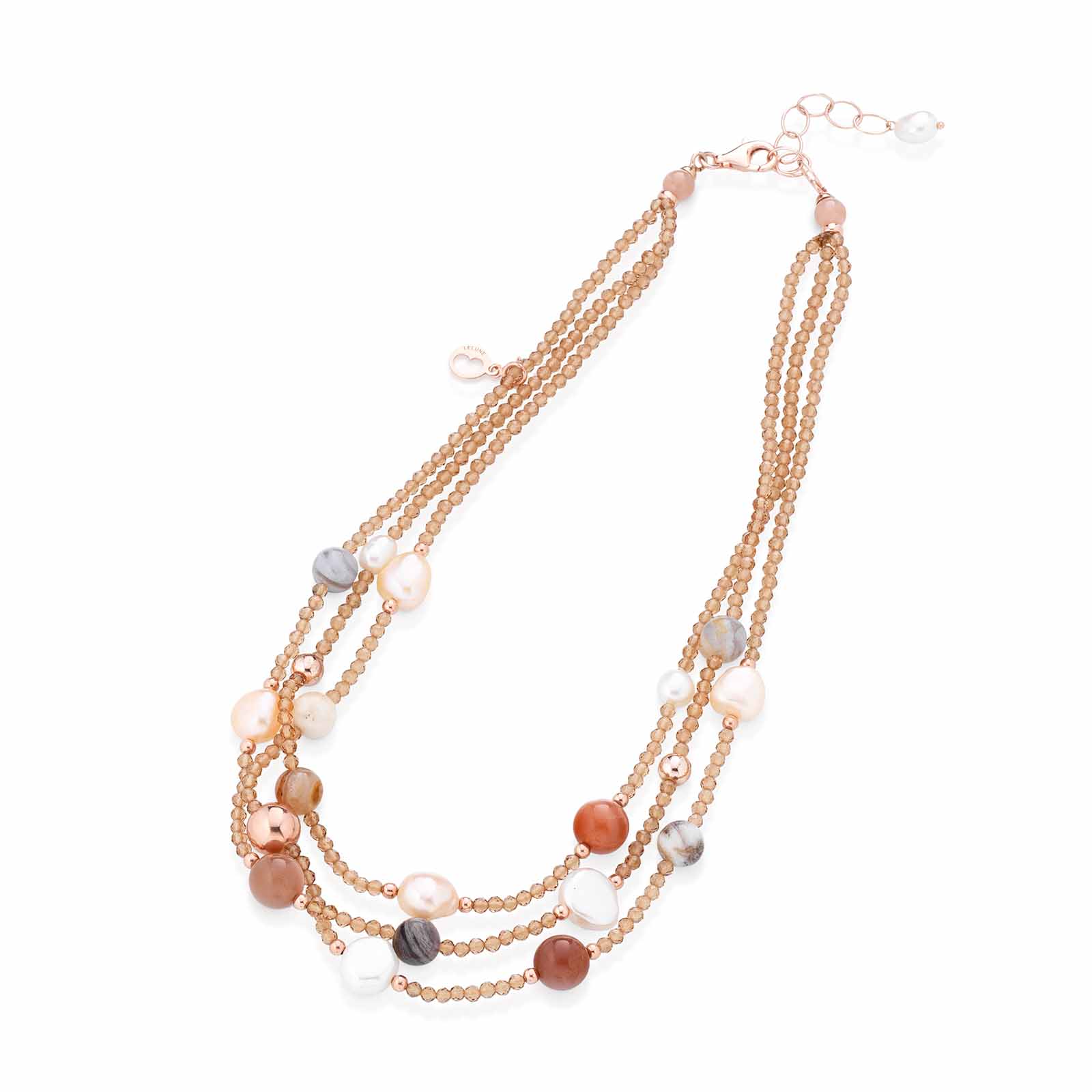 Collana con perle d'acqua dolce, AG925 rosa, spinello miele, moonstone e agata striata