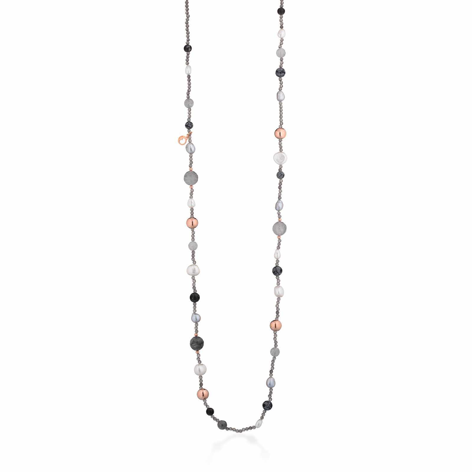 Collana con perle d'acqua dolce, AG925 rosa, spinello grigio, quarzo cloudy e ossidiana