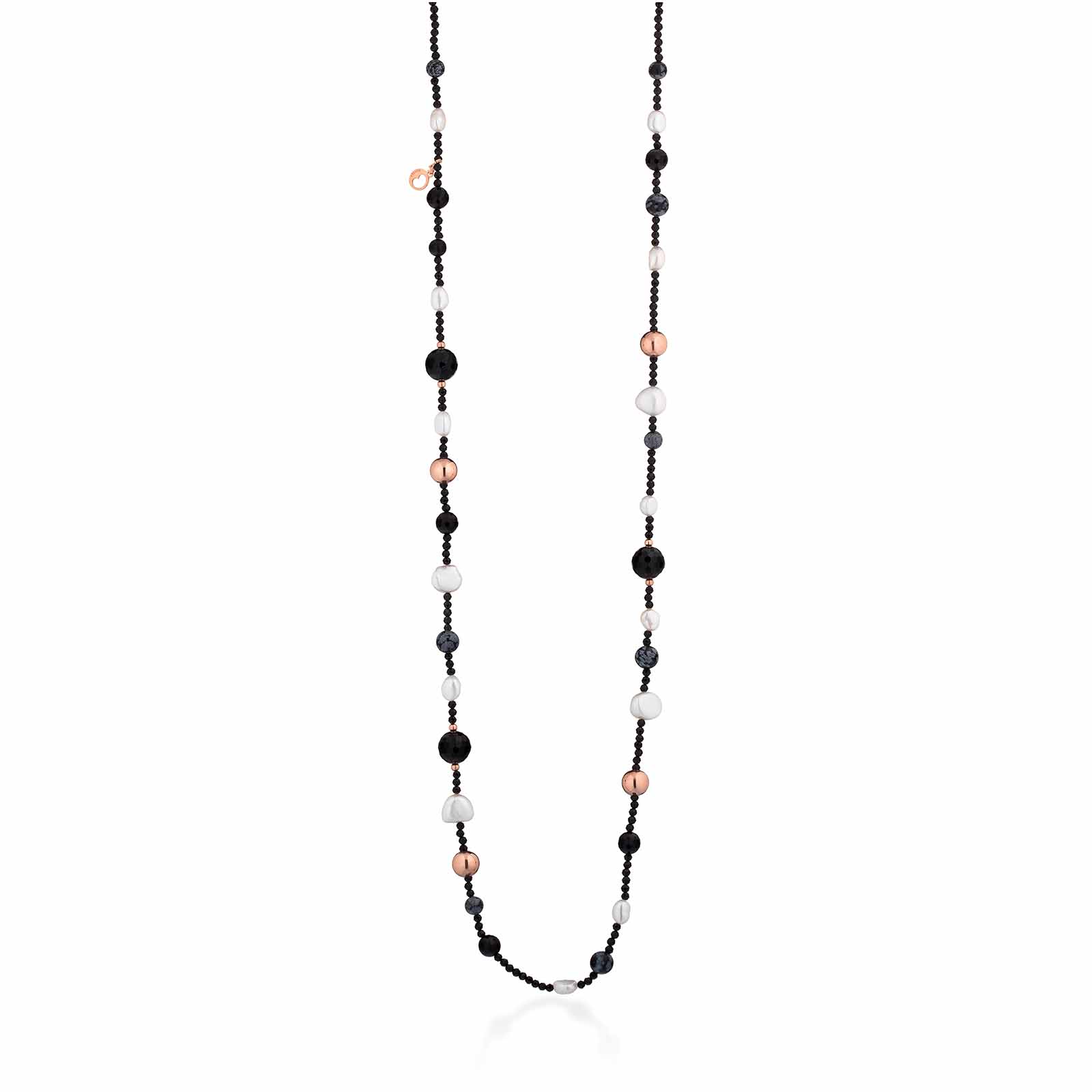 Collana con perle d'acqua dolce, AG925 rosa, spinello nero, agata nera e ossidiana