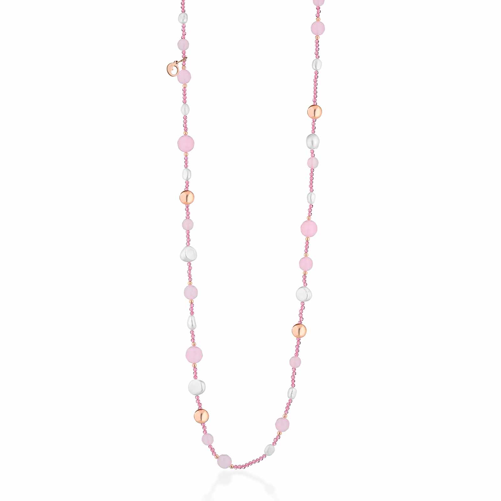 Collana con spinello rosa, perle d'acqua dolce, giada rosa e argento rosa