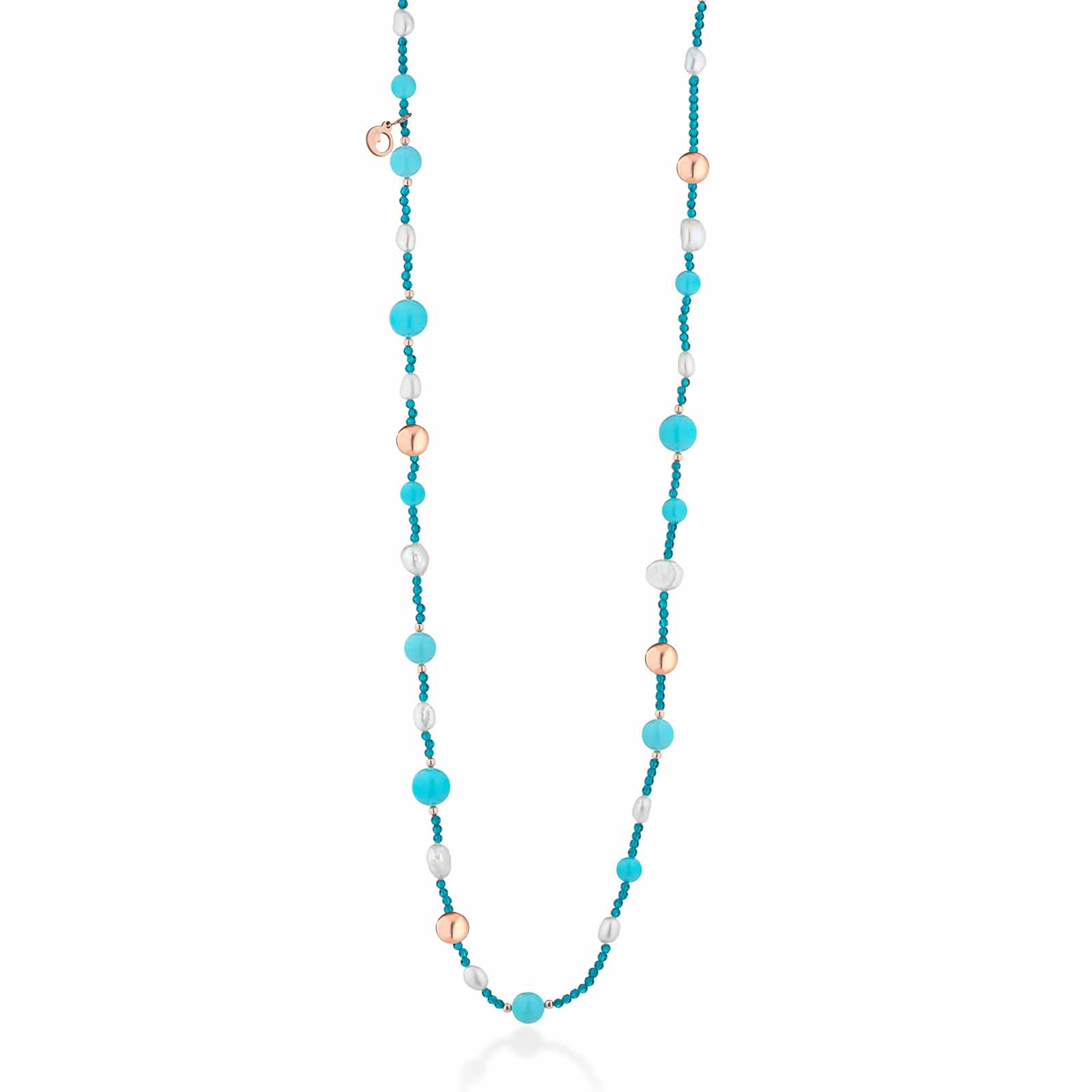 Collana con spinello turchese, perle d'acqua dolce, pasta di turchese e argento rosa