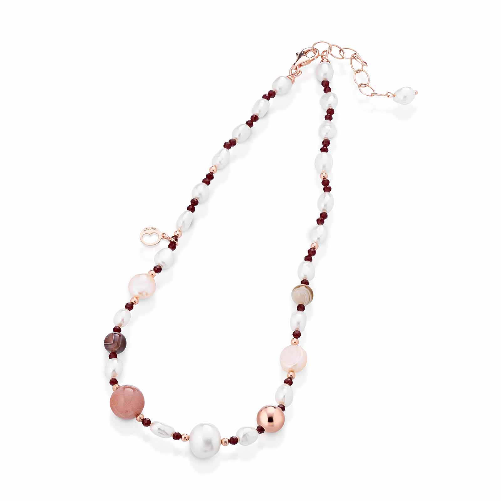Collana con perle d'acqua dolce, AG925 rosa, spinello ciliegia, moonstone e agata Botswana